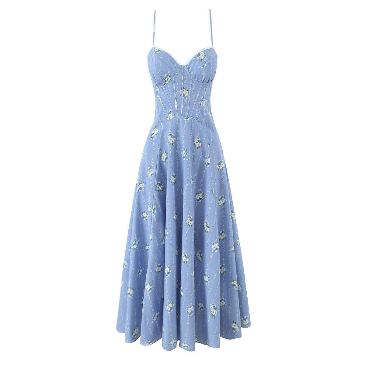 Vintage Blue Floral Mid-Length Dress Front View
