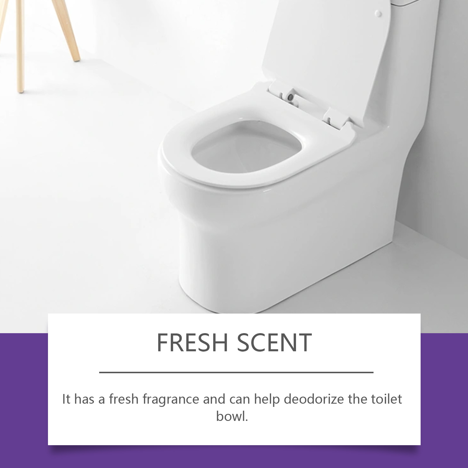 Pristine white toilet bowl after cleaning with deodorization callout