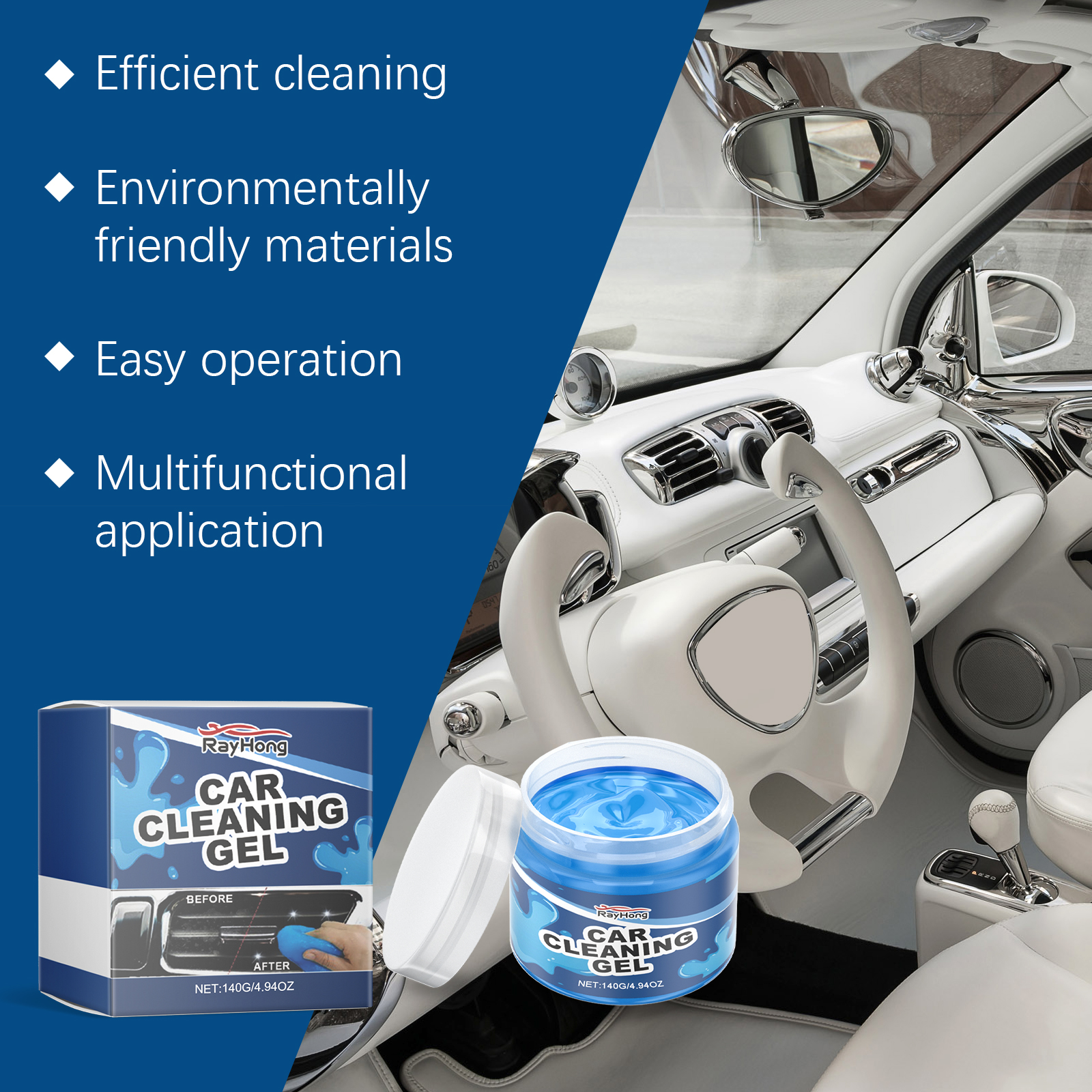 Automotive cleaning gel jar beside interior surfaces