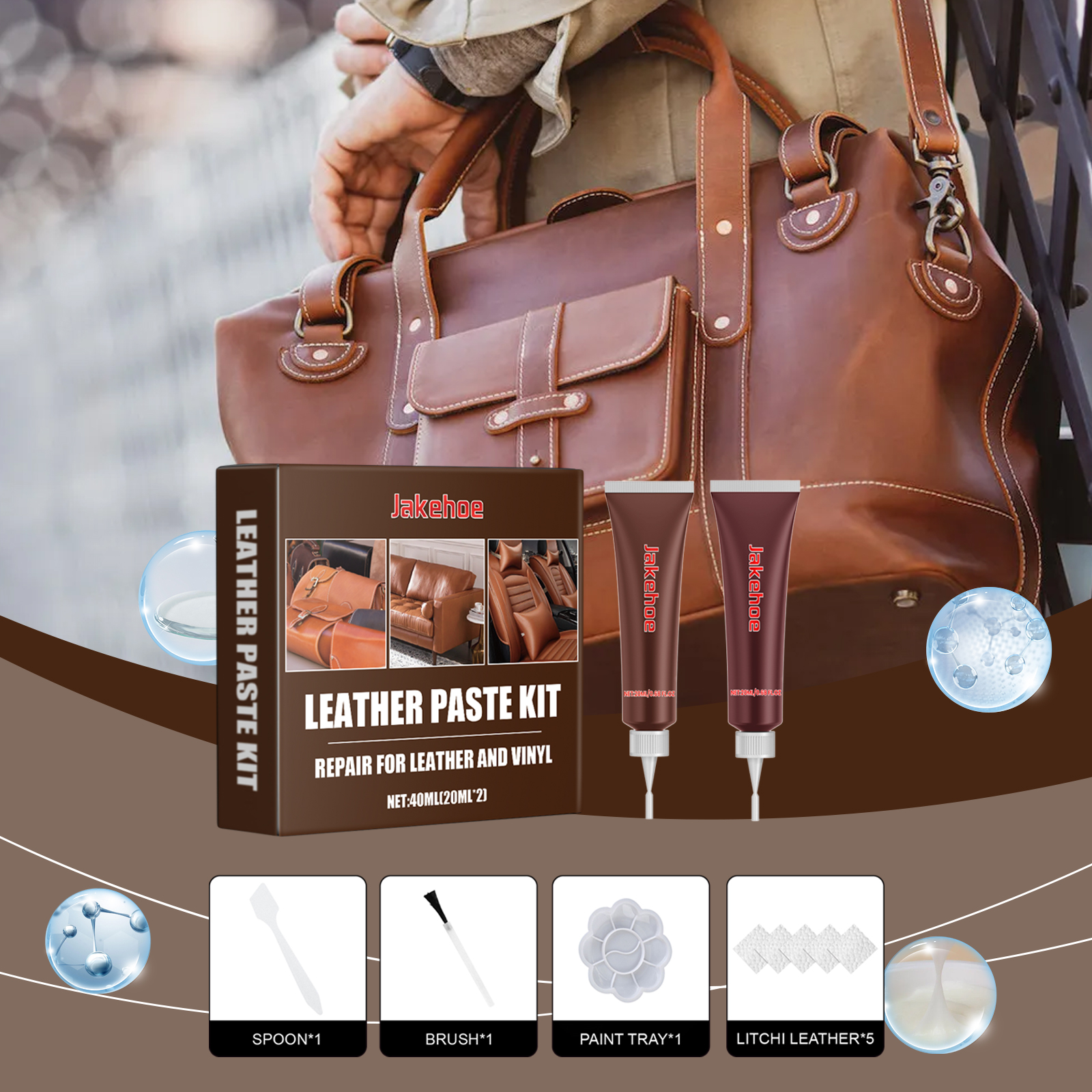 Slim leather repair tubes beside a brown leather handbag