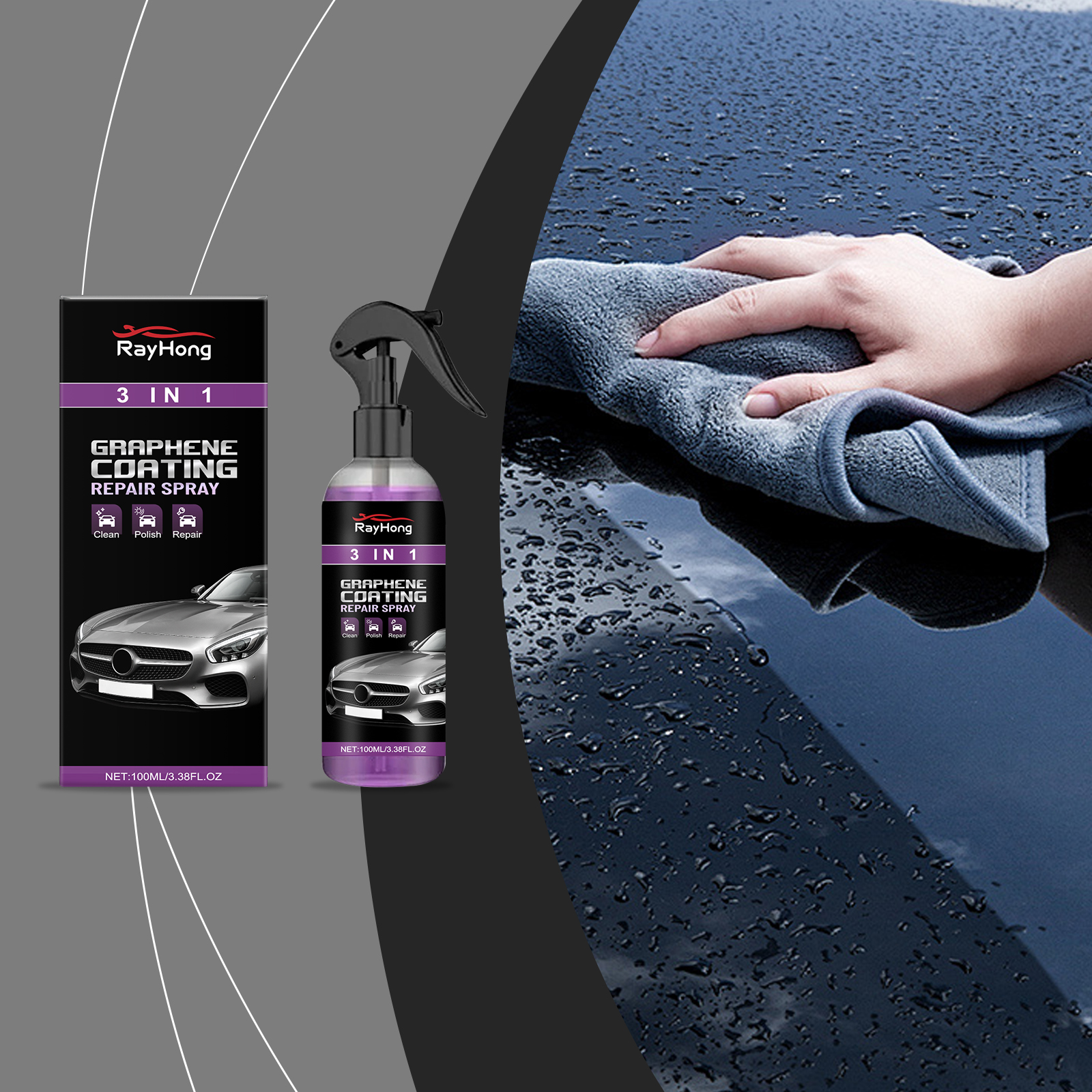Water beading across dark automotive paint during wiping