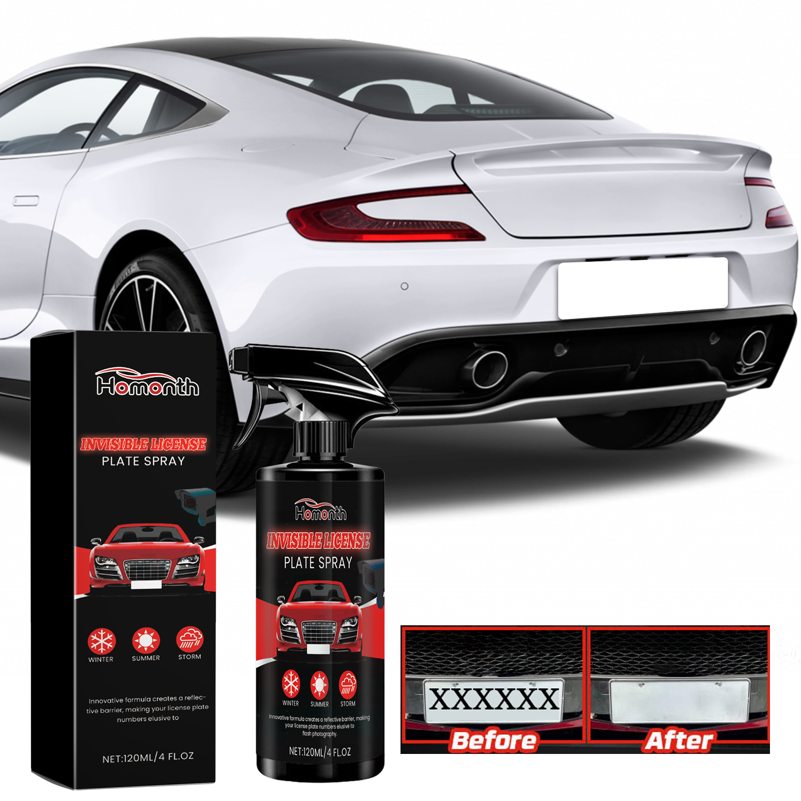 License plate treatment shown beside white sports car