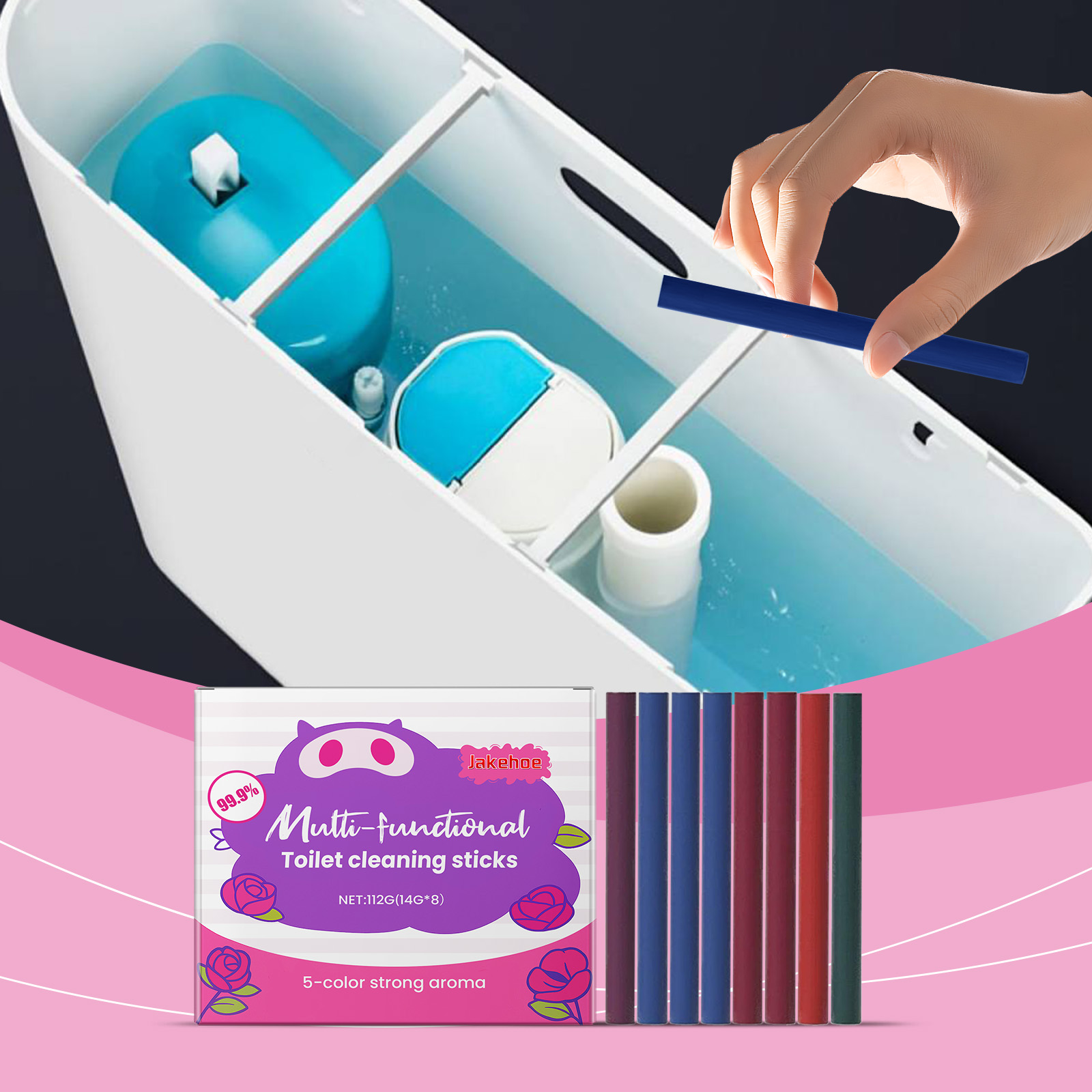 Overhead view of white dispenser container holding blue cleaning sticks dissolving in water, hand holding single blue stick variant