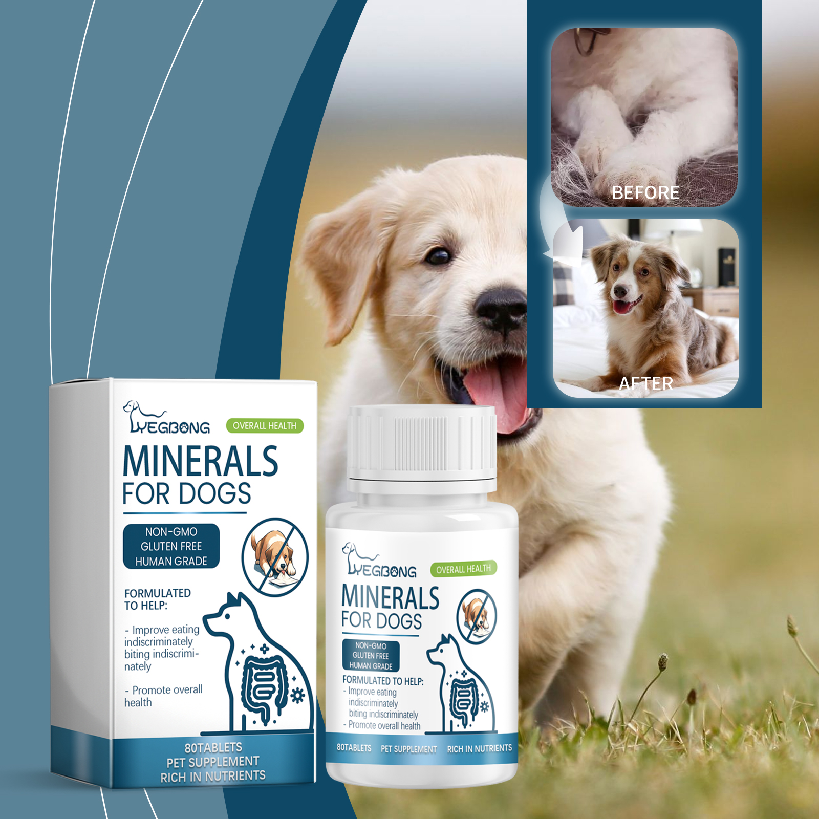 Dog and Yegbong supplement bottle carton