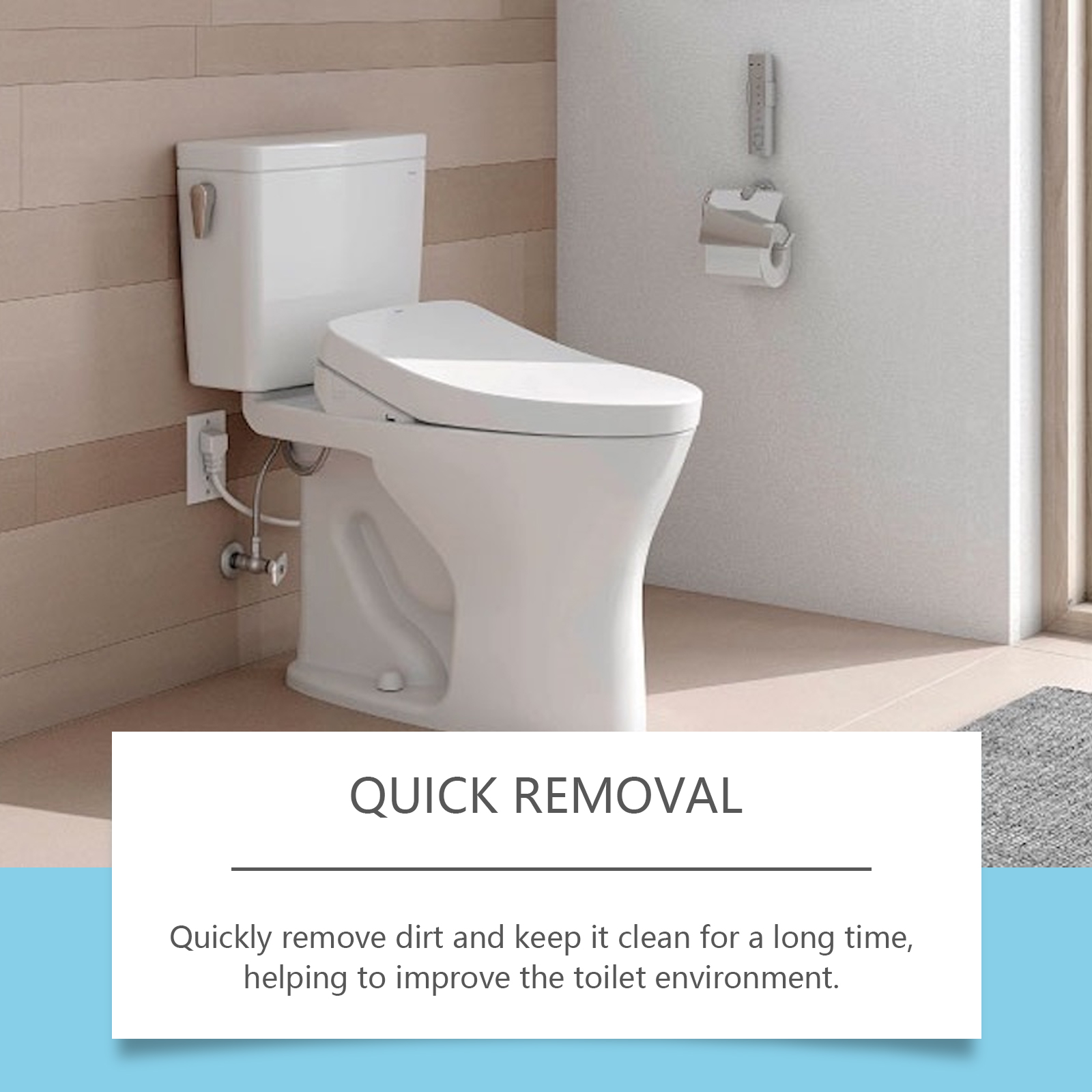 Modern bathroom with 'Quick Removal' headline, showing product speed