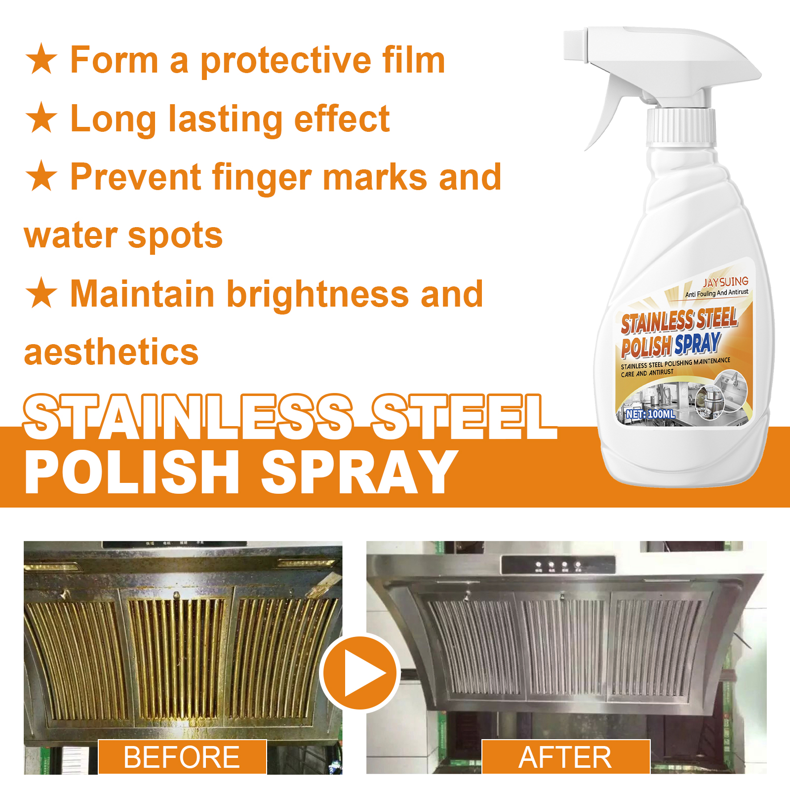 Benefits highlight graphic showing rust removal, protective film, long-lasting effect, and anti-fingerprint performance with large kitchen hood comparison