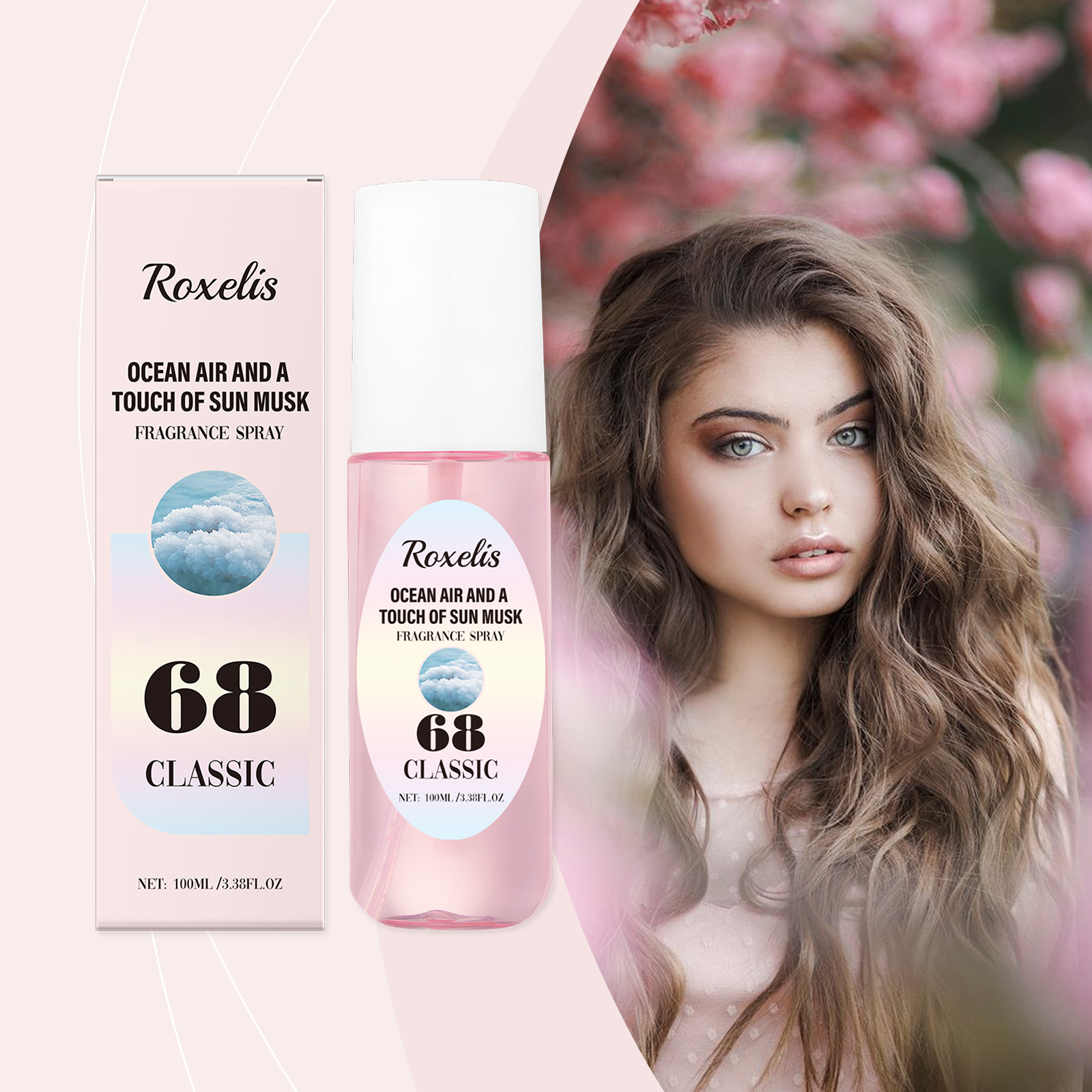 Woman with Roxelis fragrance spray in floral setting
