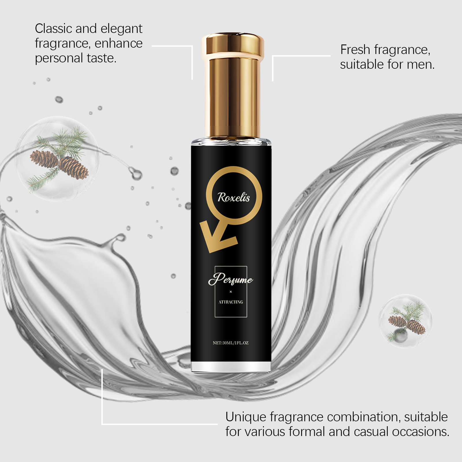 Roxelis perfume centered over fresh fragrance imagery