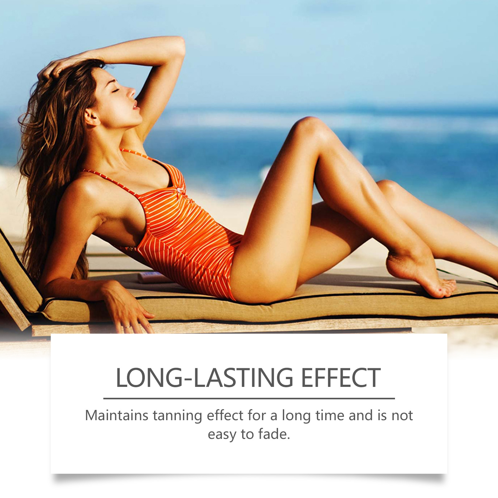Woman in swimsuit relaxing beside long-lasting tanning lotion claim