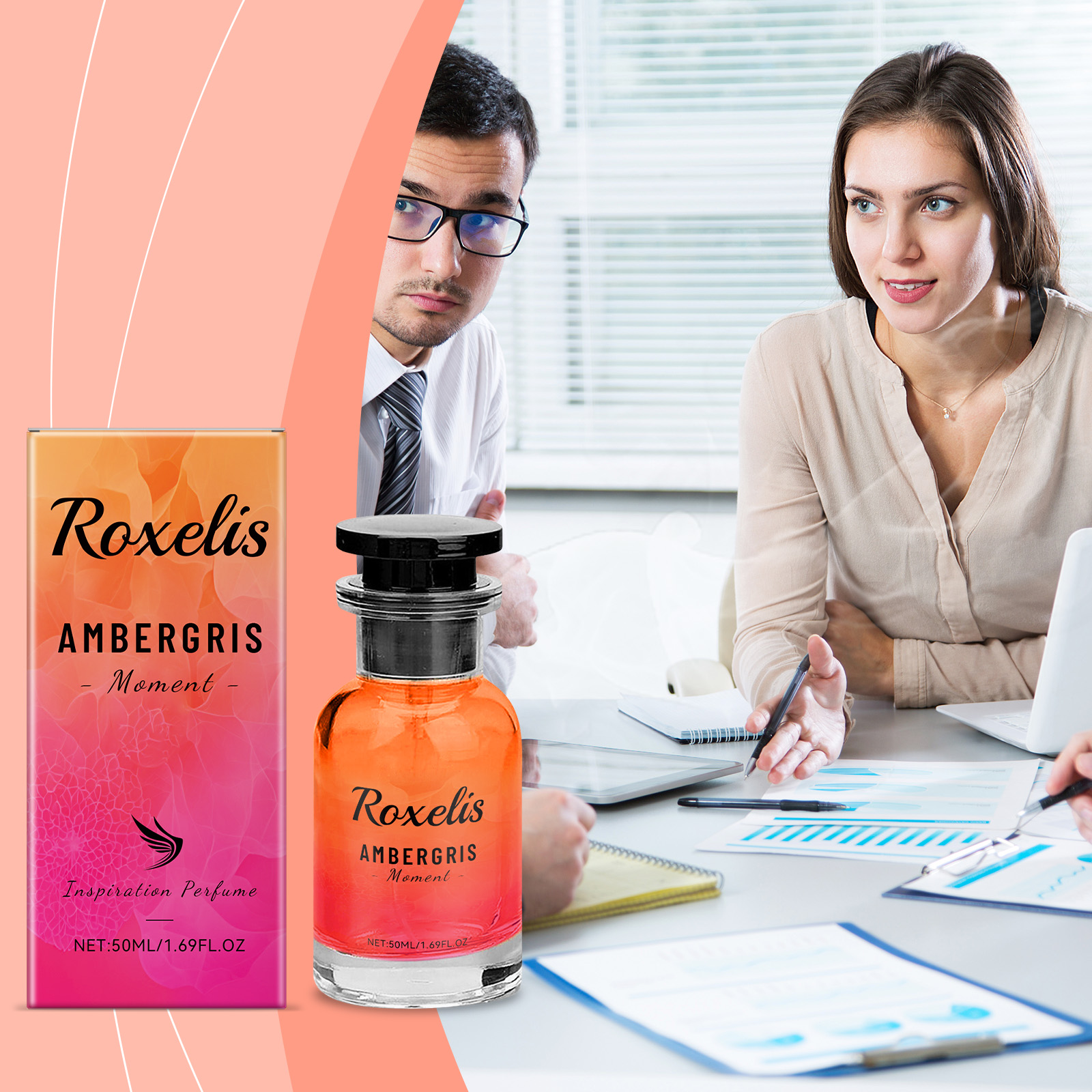 Roxelis perfume presented beside a social setting