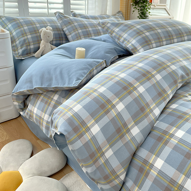 Minimalist Pure Water-Washed Cotton Bedding Set Flannel Grid Good Quality Fitted Sheet Version