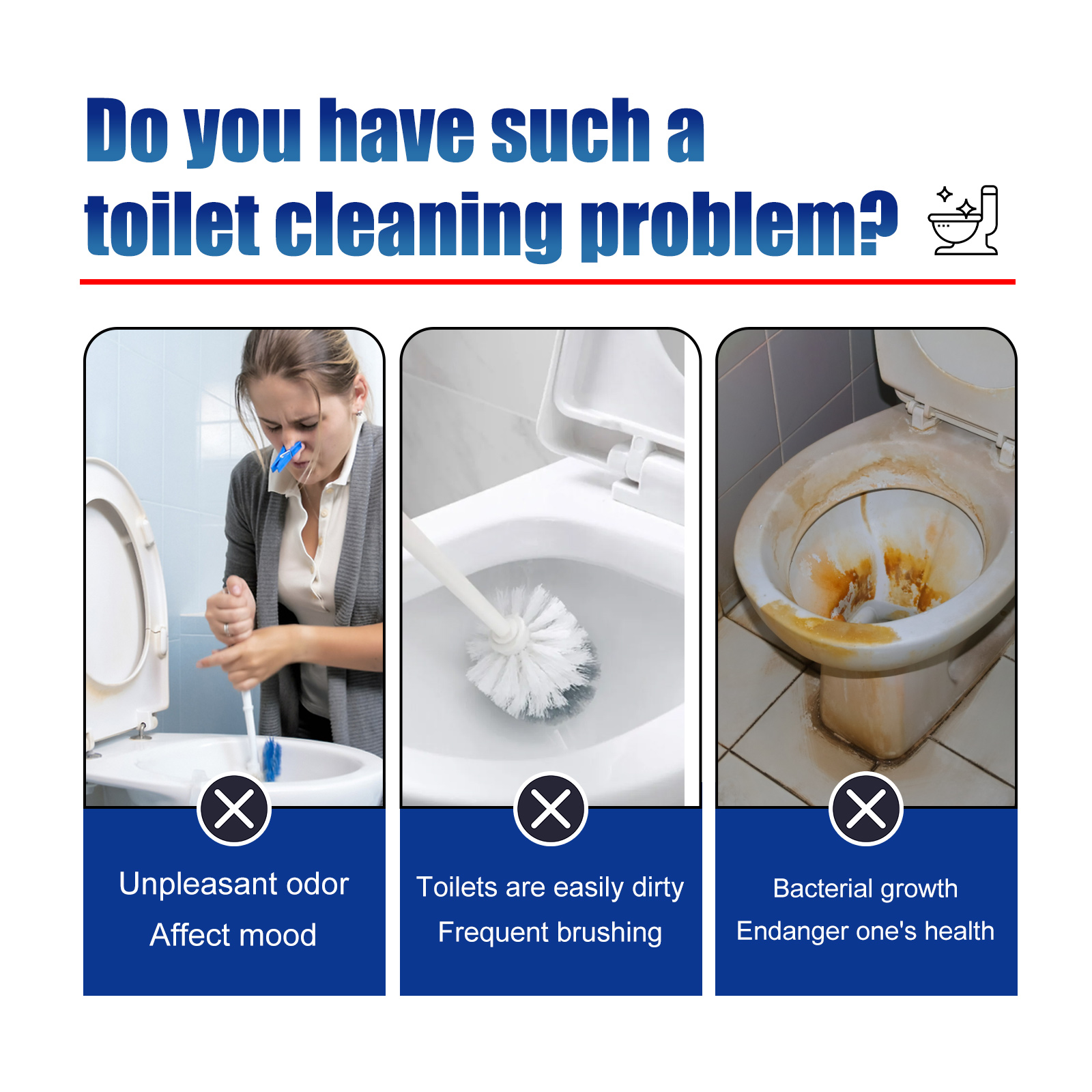 Woman holding toilet brush with disgust, stained toilet bowl in background