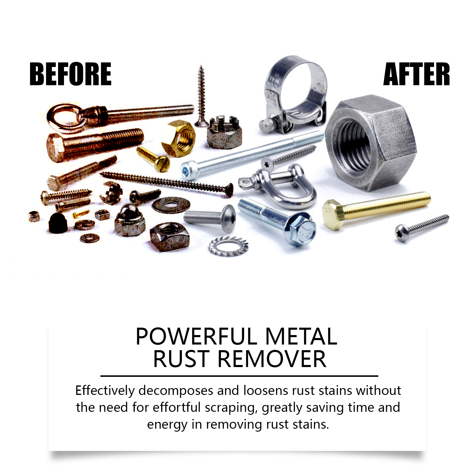 Rusty hardware beside clean silver-looking fittings