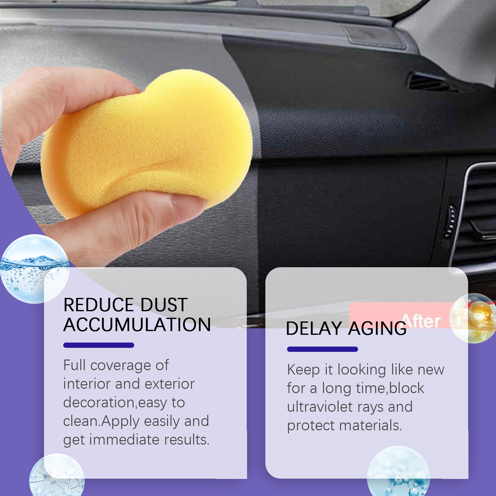 Applicator sponge touching clean automotive dashboard trim