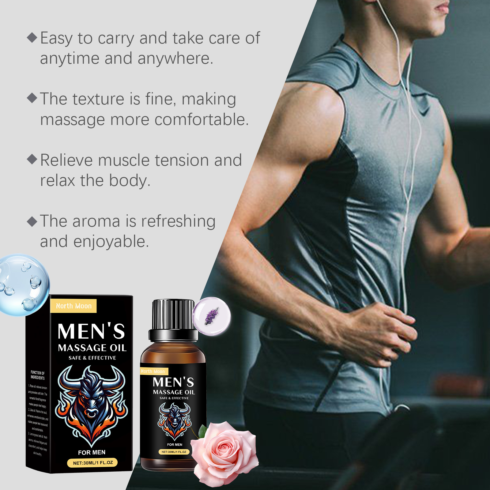 Athletic man using massage oil after exercise