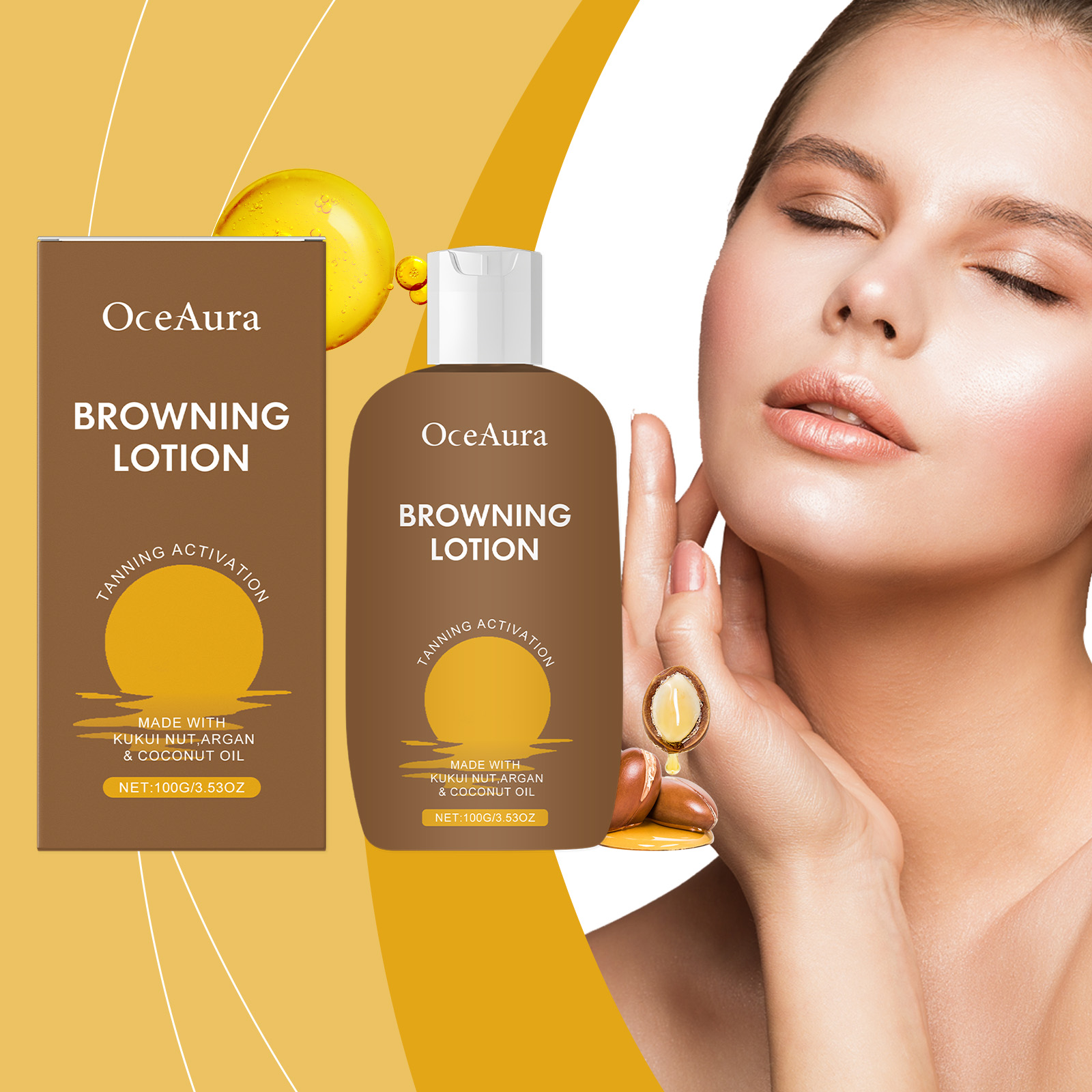 OceAura bottle with radiant skin and golden tanning imagery