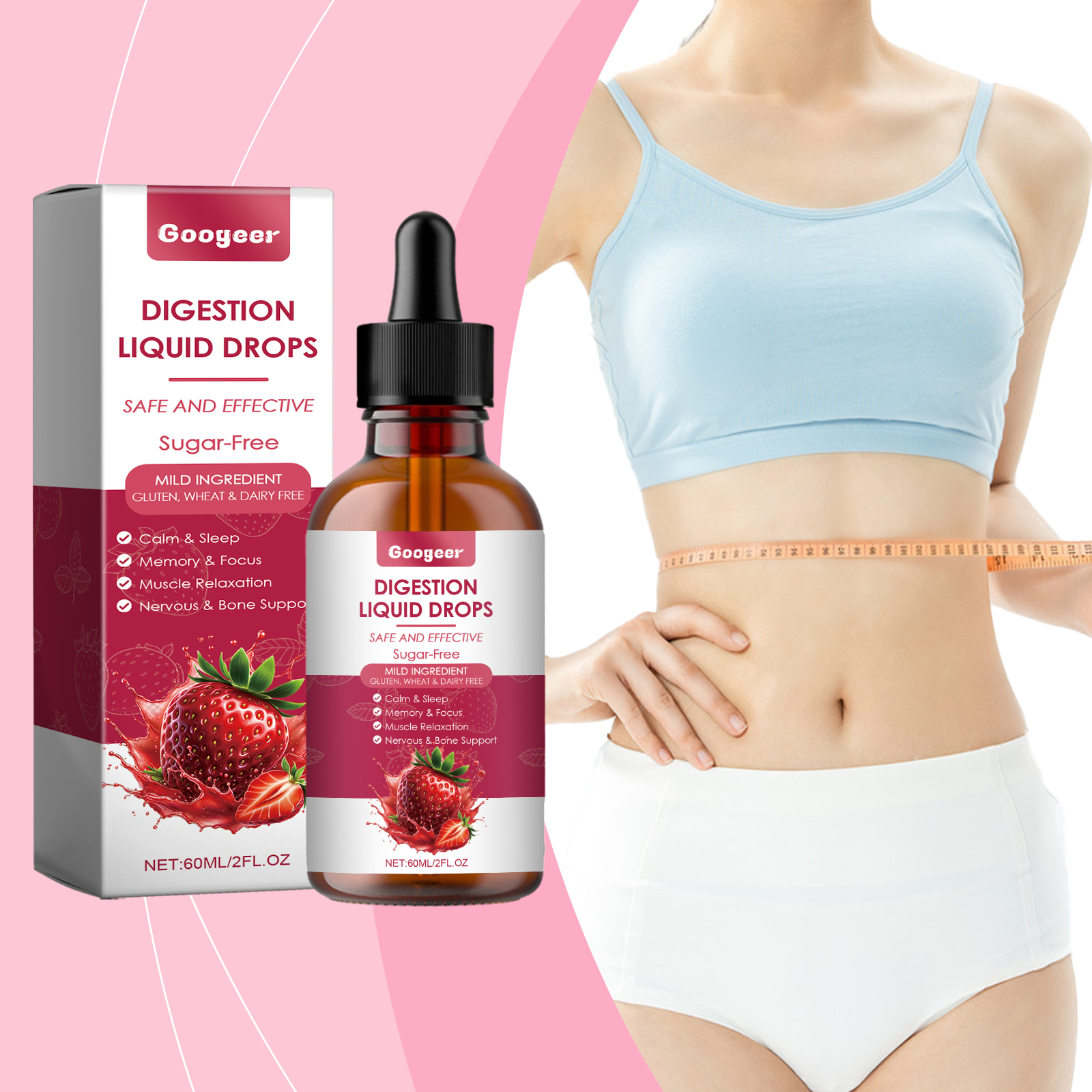 Woman measuring waist beside digestion drops