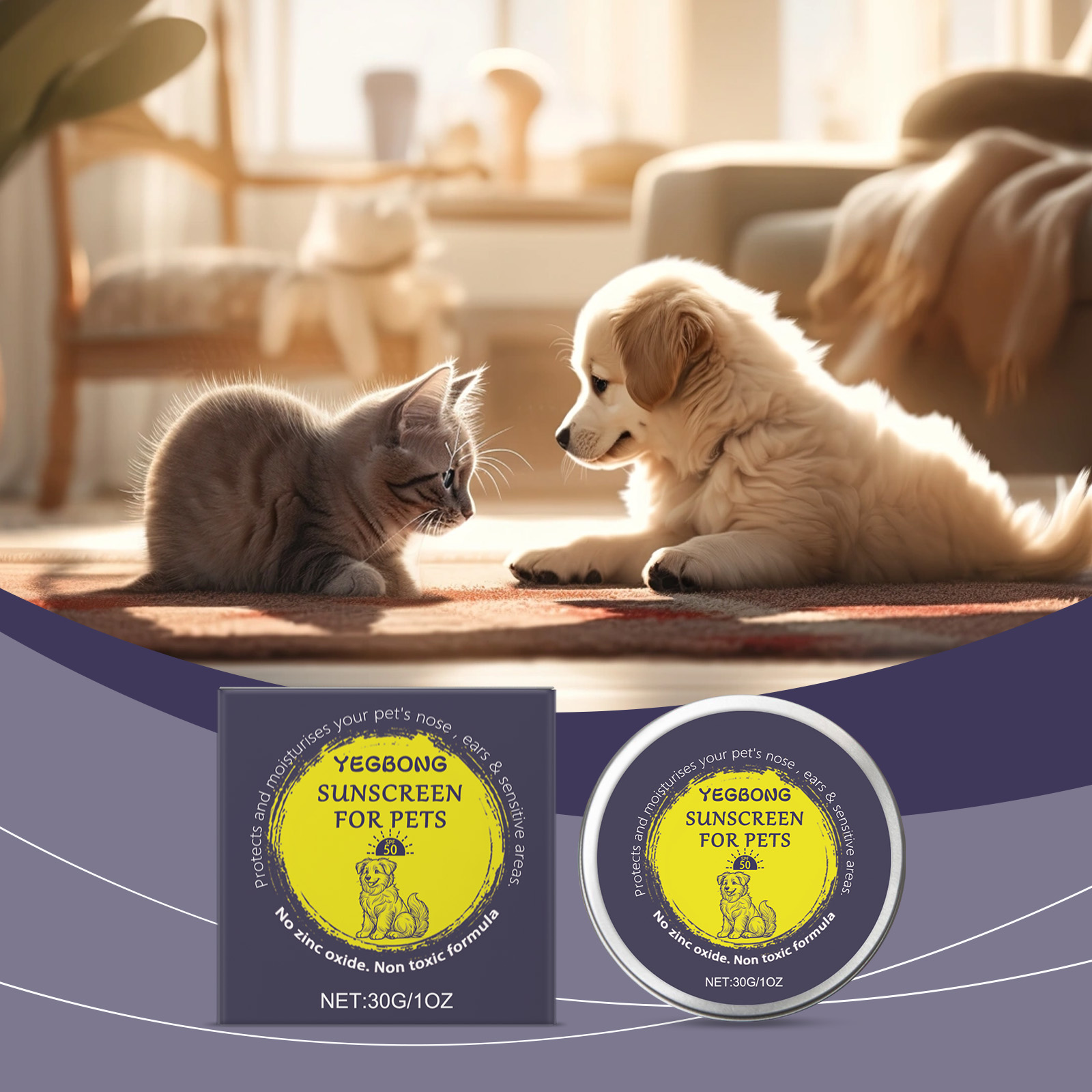 Cat and puppy beside daily pet sunscreen care