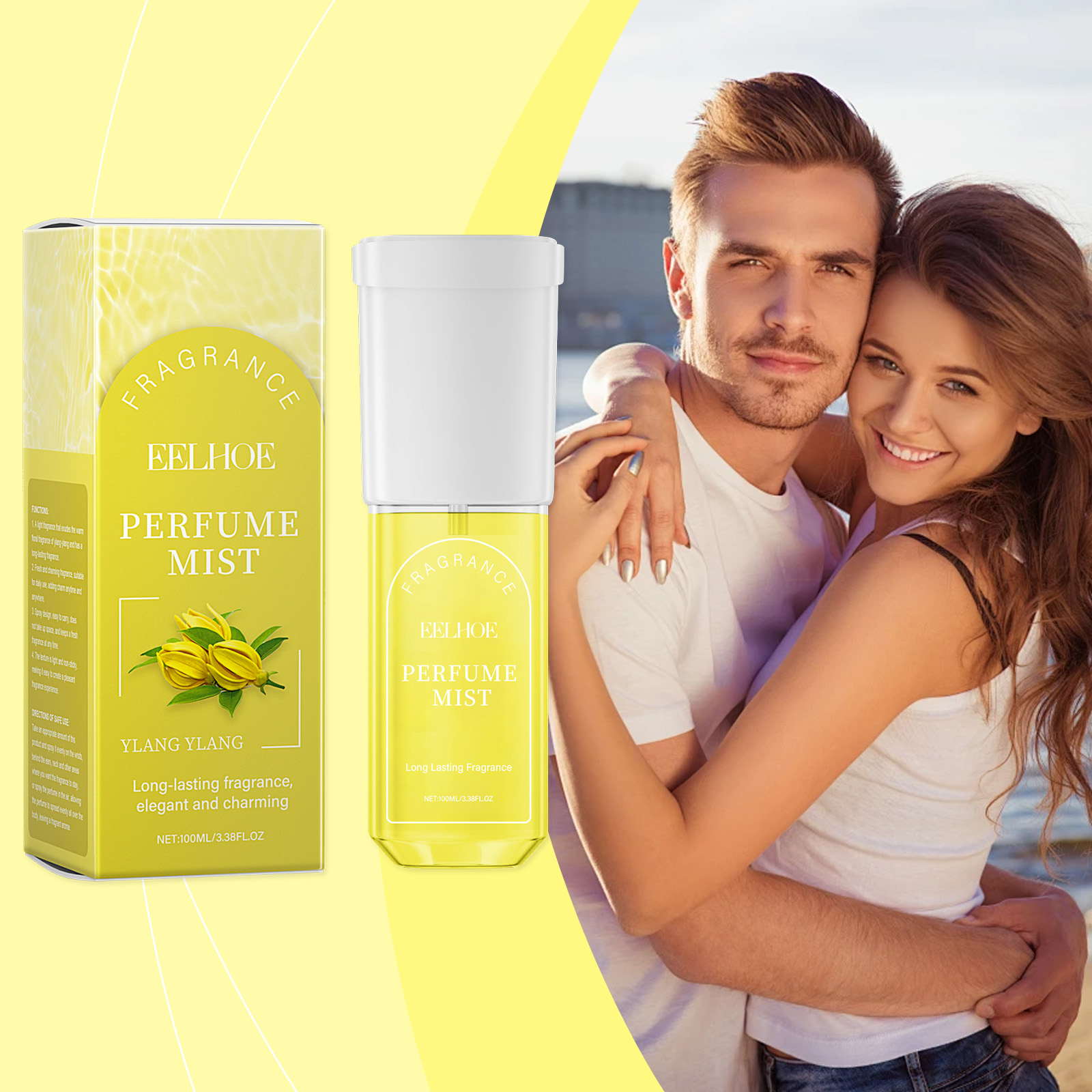 Bright lifestyle scene with floral perfume mist