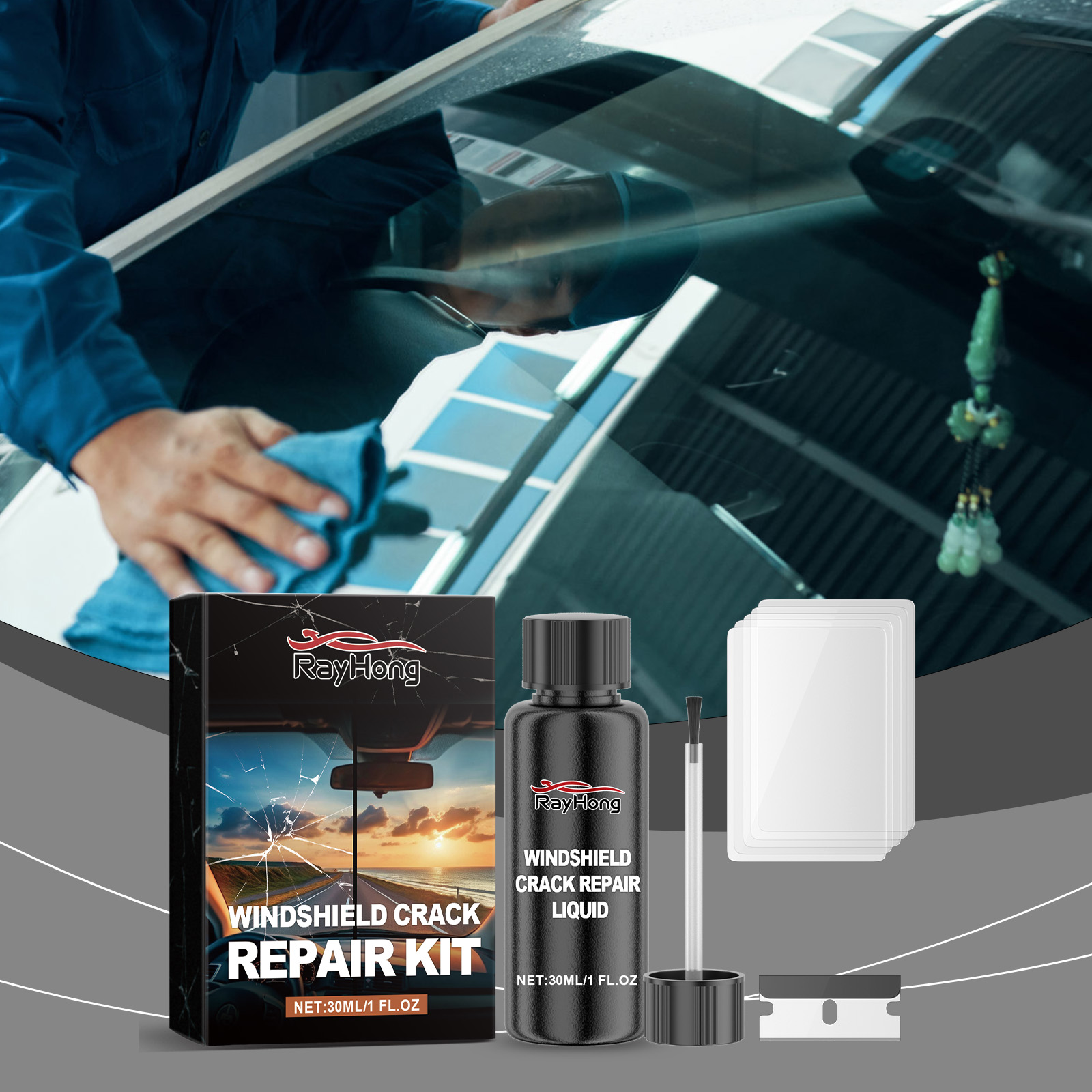 Windshield maintenance with Rayhong repair bottle