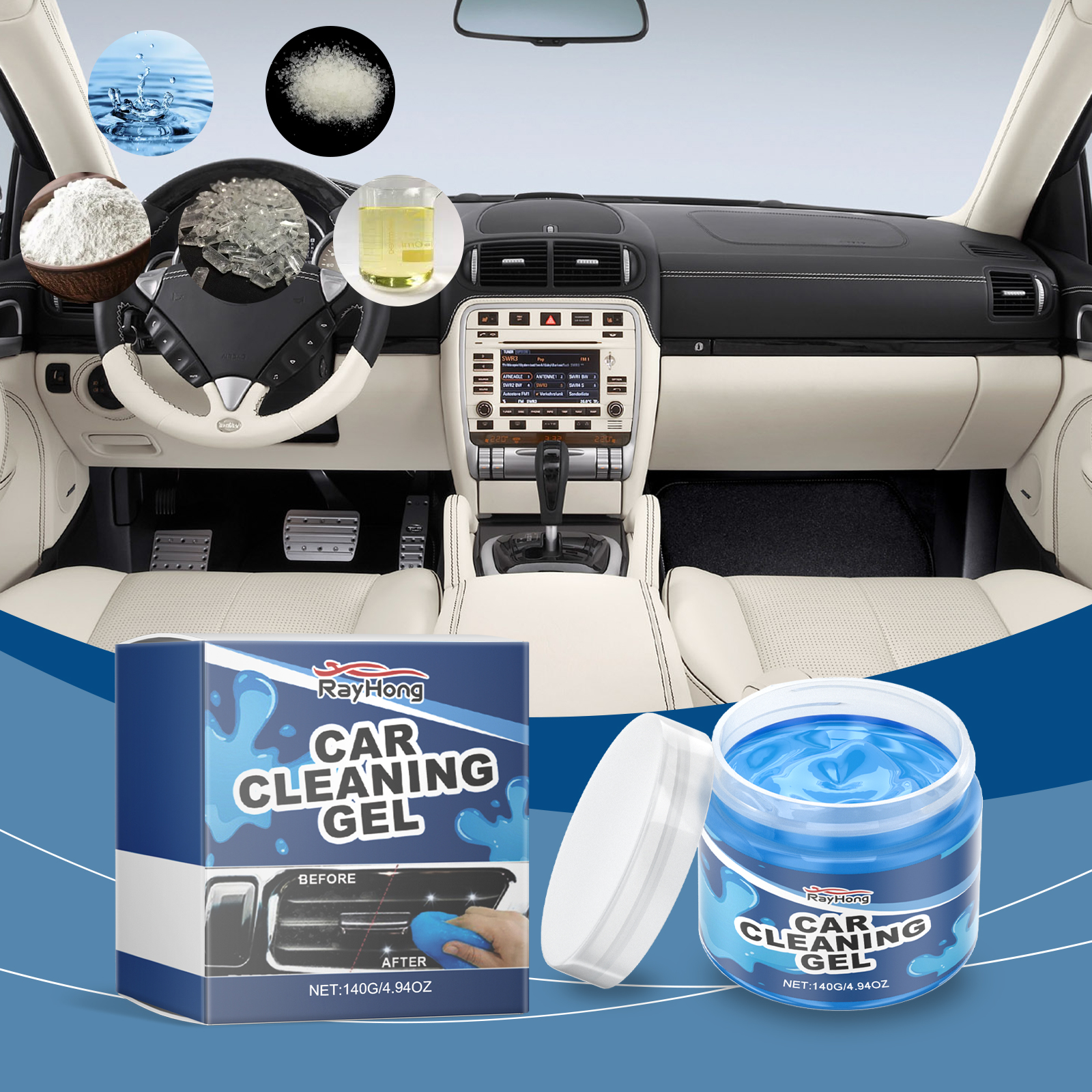Blue gel positioned for car interior gap cleaning