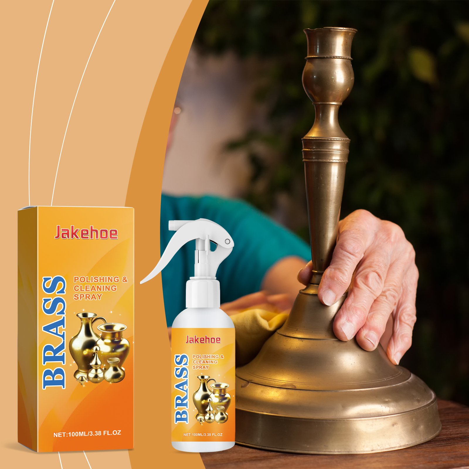 Person gently applying spray to ornate brass candlestick, soft cloth in hand, careful application shown