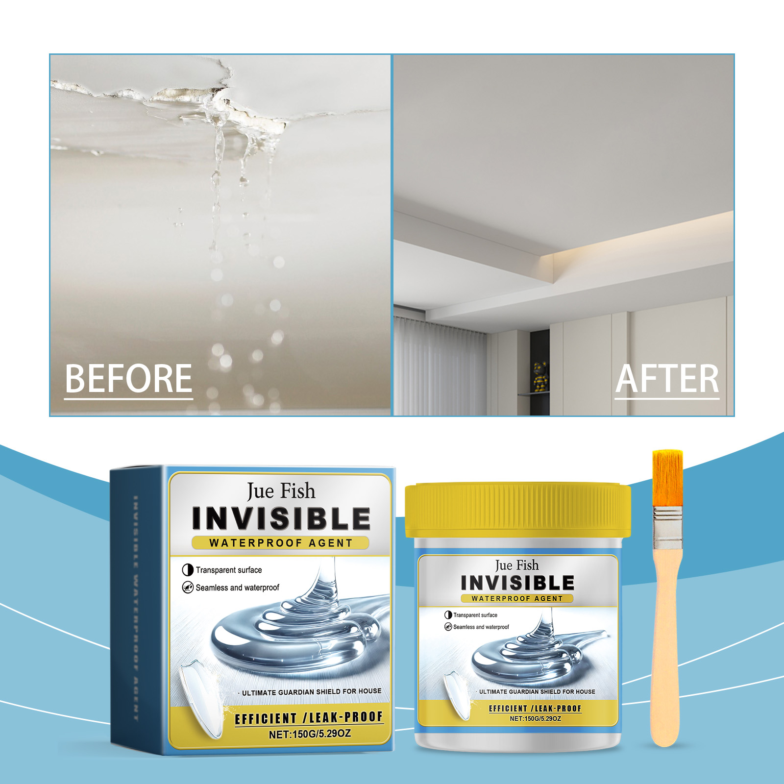 Water damaged ceiling before and after repair
