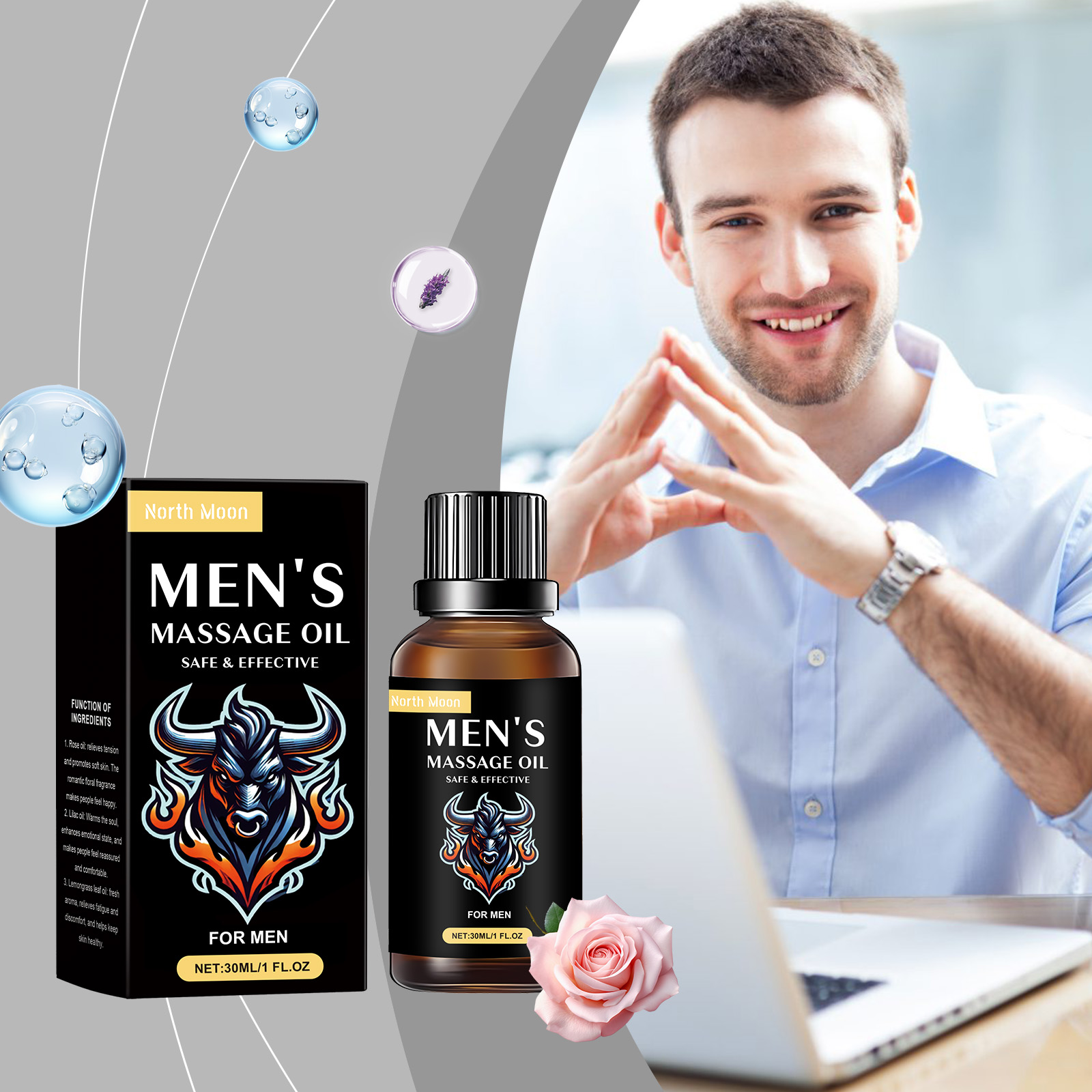Massage oil beside relaxed man during daily care
