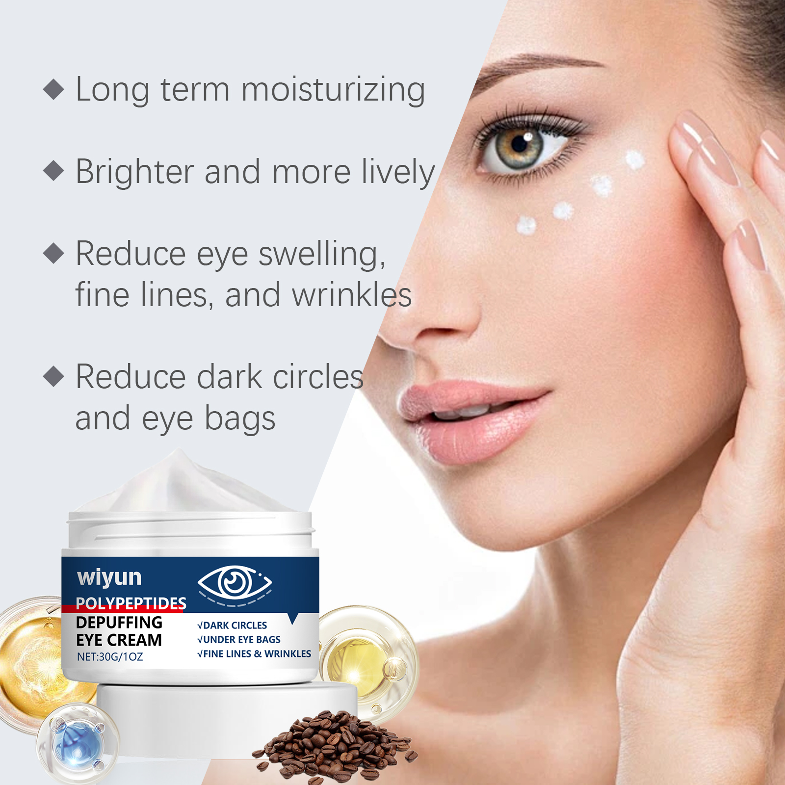 Woman checking her reflection, noticing dark circles before starting eye cream