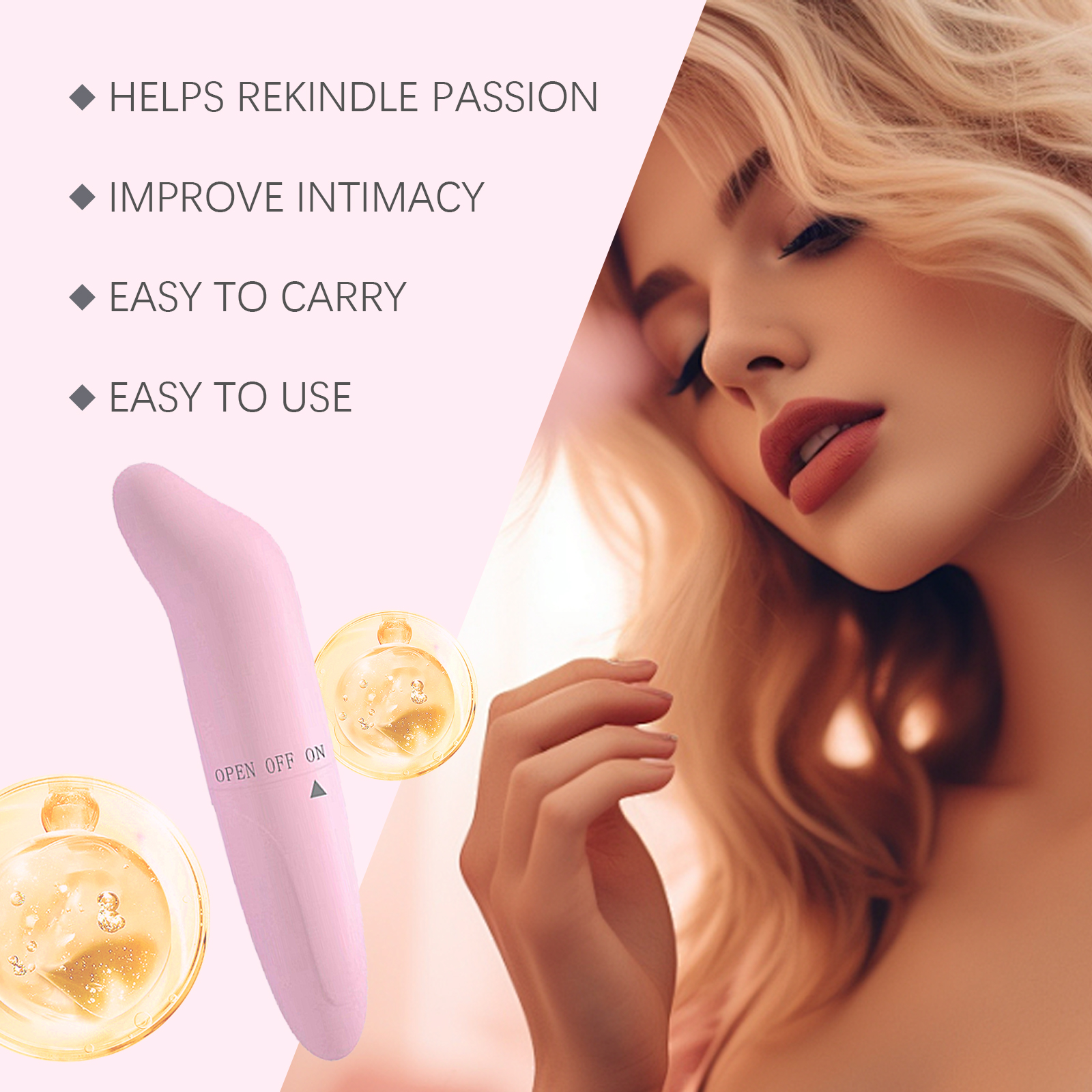 Smooth pink vibrator shown with easy-care benefit details