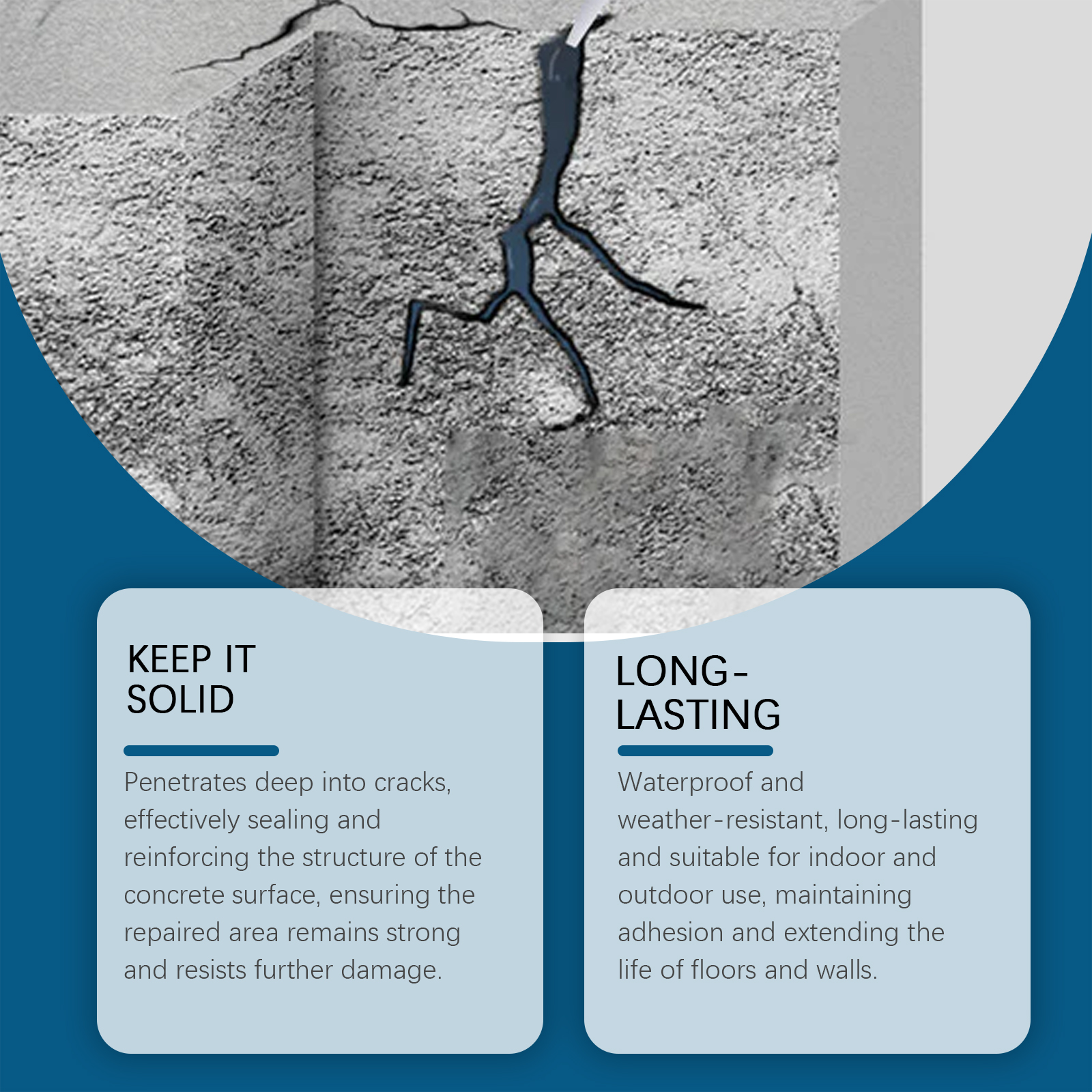 Concrete wall crack shown with filled waterproof repair
