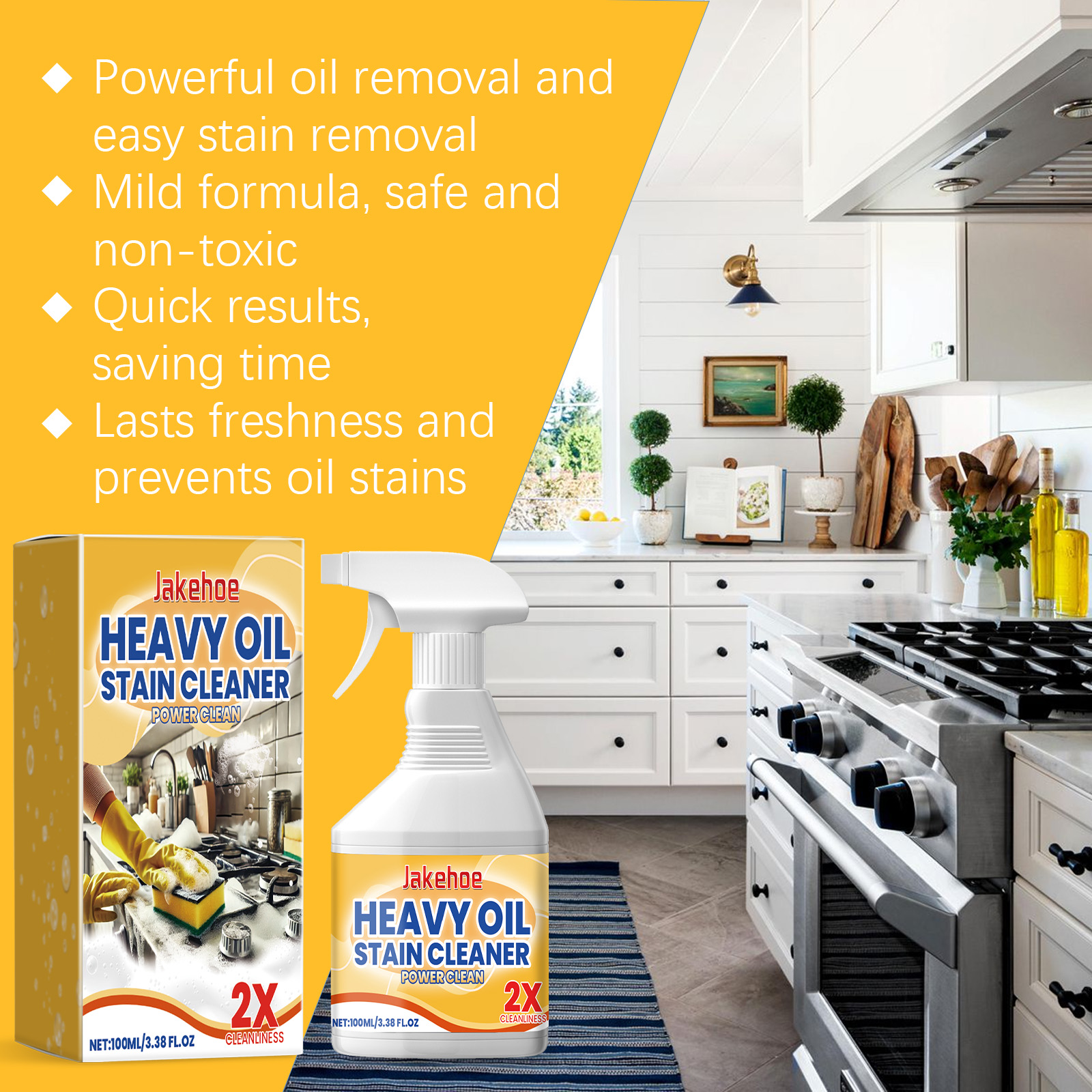 Jakehoe spray bottle with packaging on yellow background emphasizing non-toxic benefit