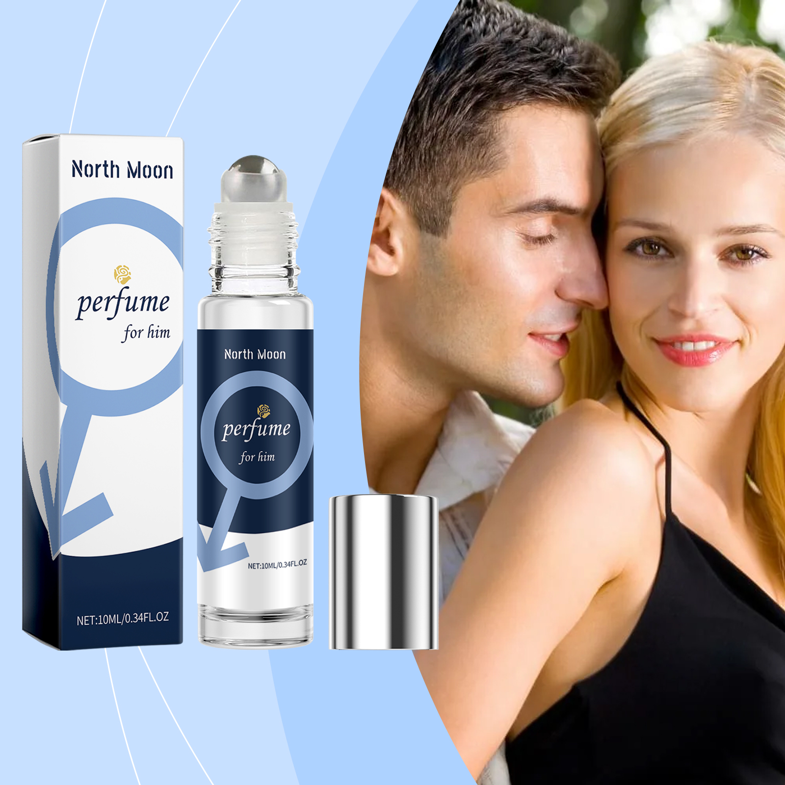 Couple embracing beside North Moon roll-on fragrance