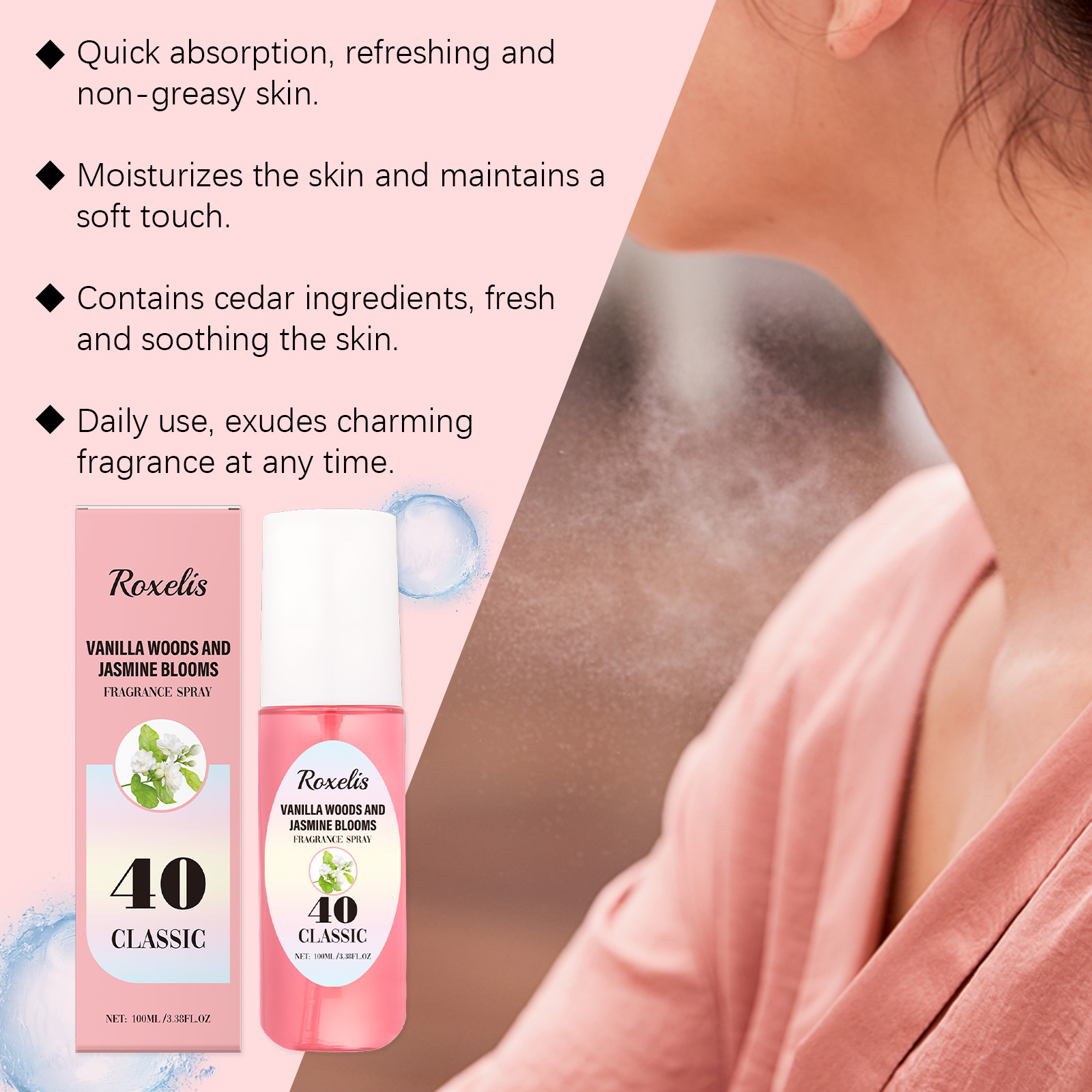Roxelis spray showing refreshing non-greasy skin feel