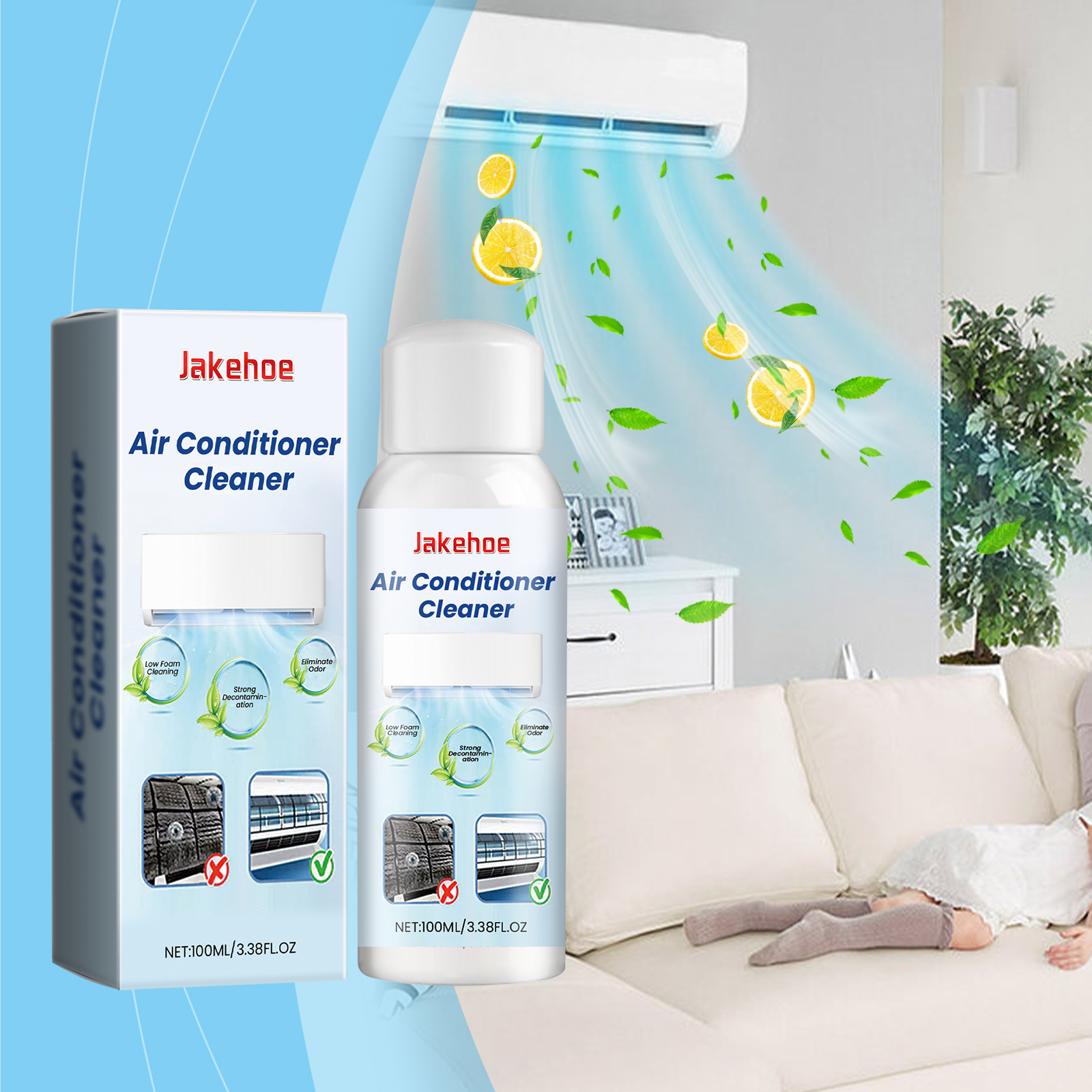 Modern living room with split AC unit, fresh citrus and leaf graphics floating from unit