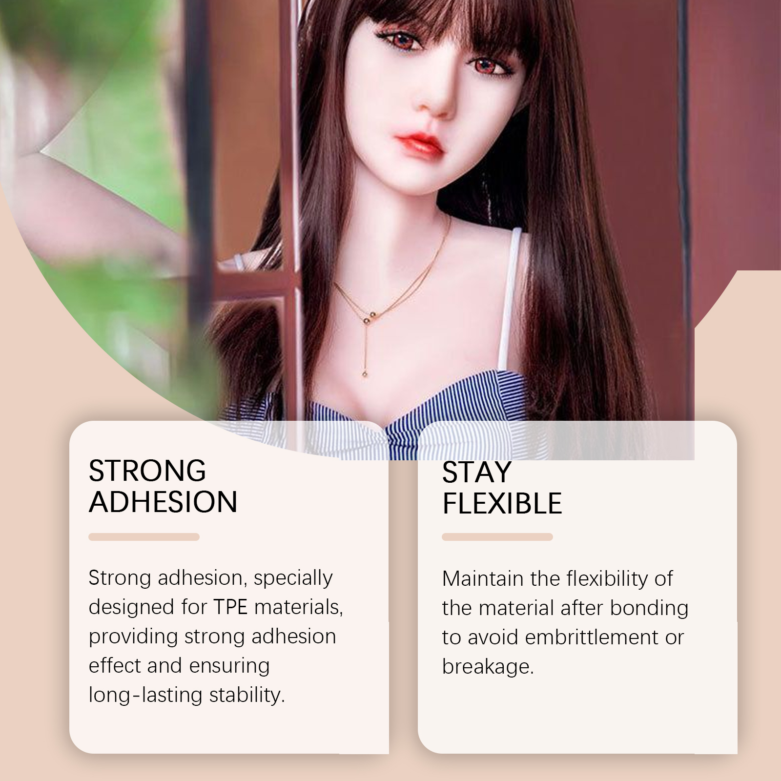 Flexible TPE bonding claim beside adult doll