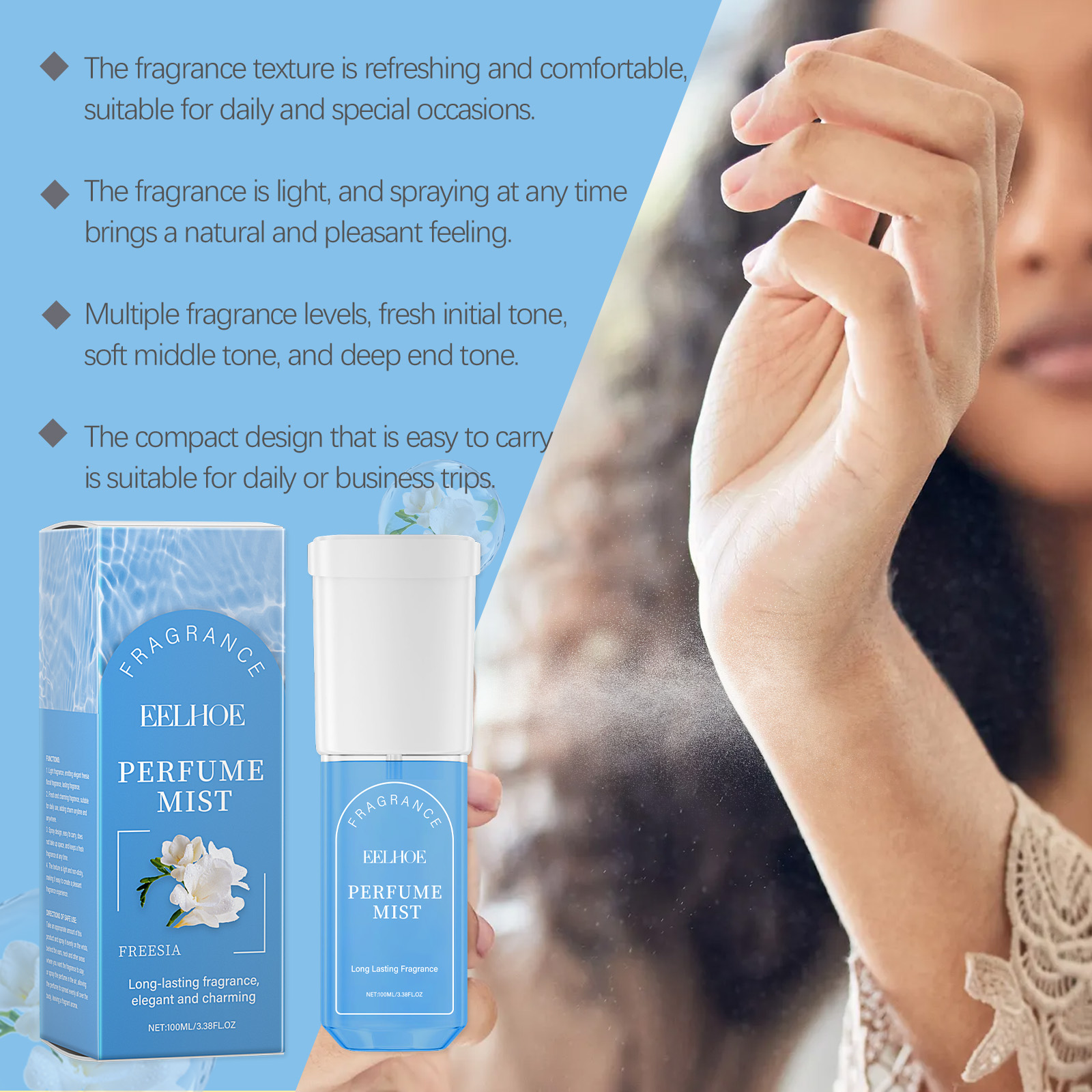 Person spraying refreshing non-sticky fragrance mist