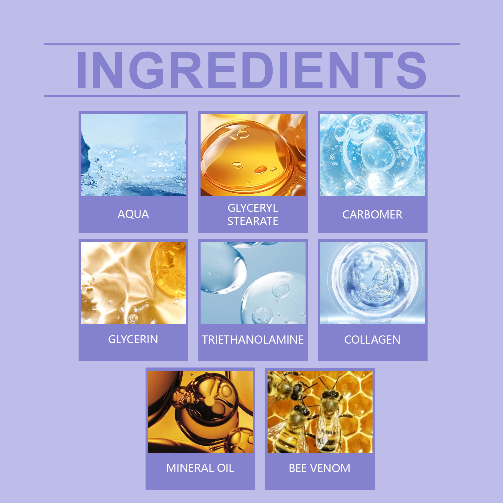Close-up of gold bee emblem and honeycomb pattern on frosted glass tube, soft lavender backdrop