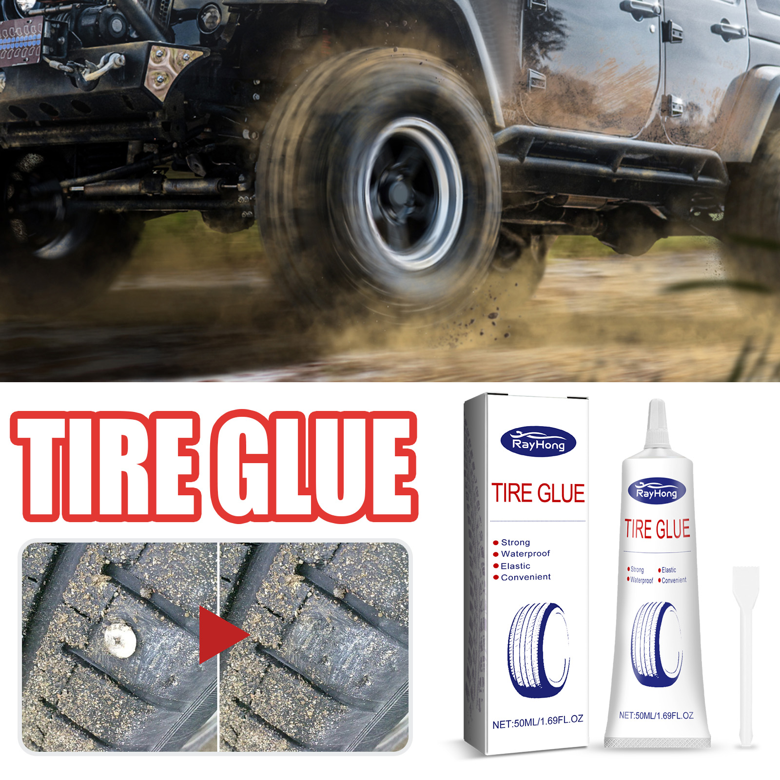 Tire glue shown with rubber repair result