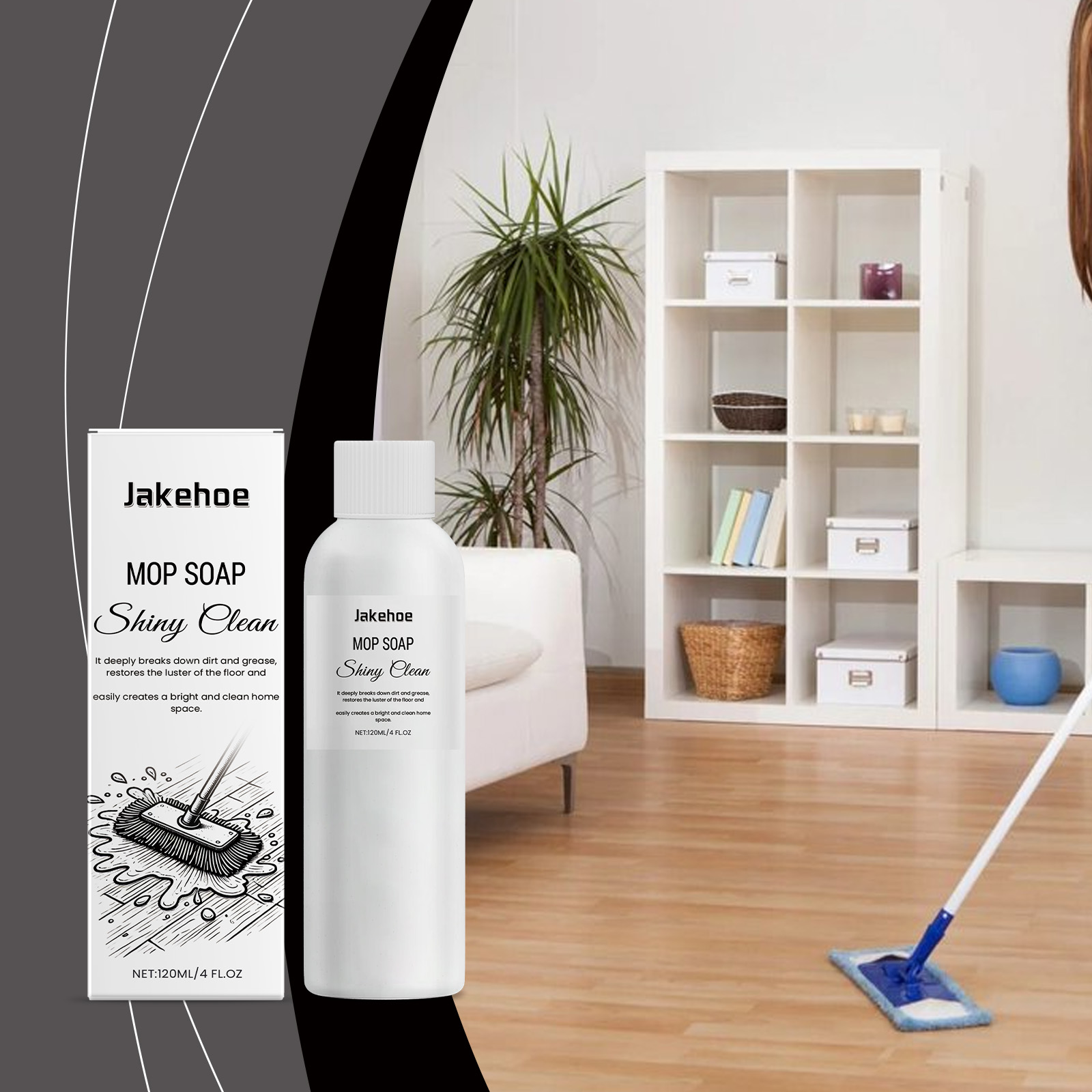 Bright home interior with shiny wood floor after using Jakehoe cleaner, furniture in background