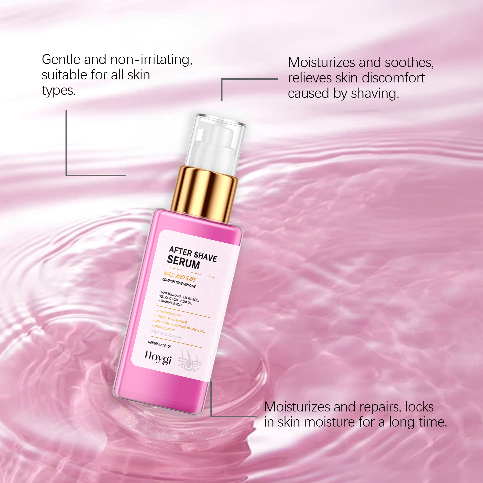 Pink after-shave serum bottle with gentle care callouts