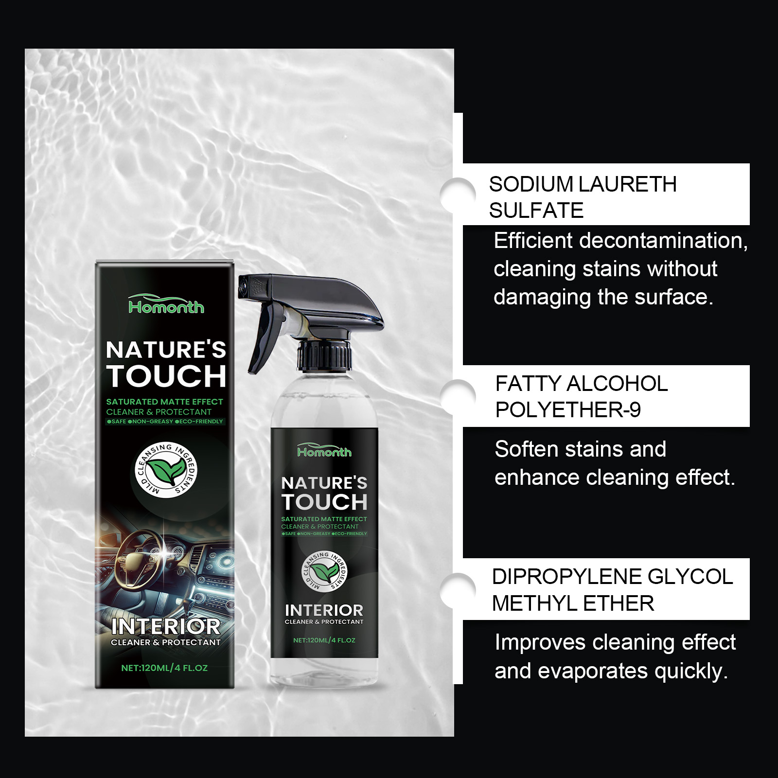 Homonth spray bottle with highlighted cleaning ingredients