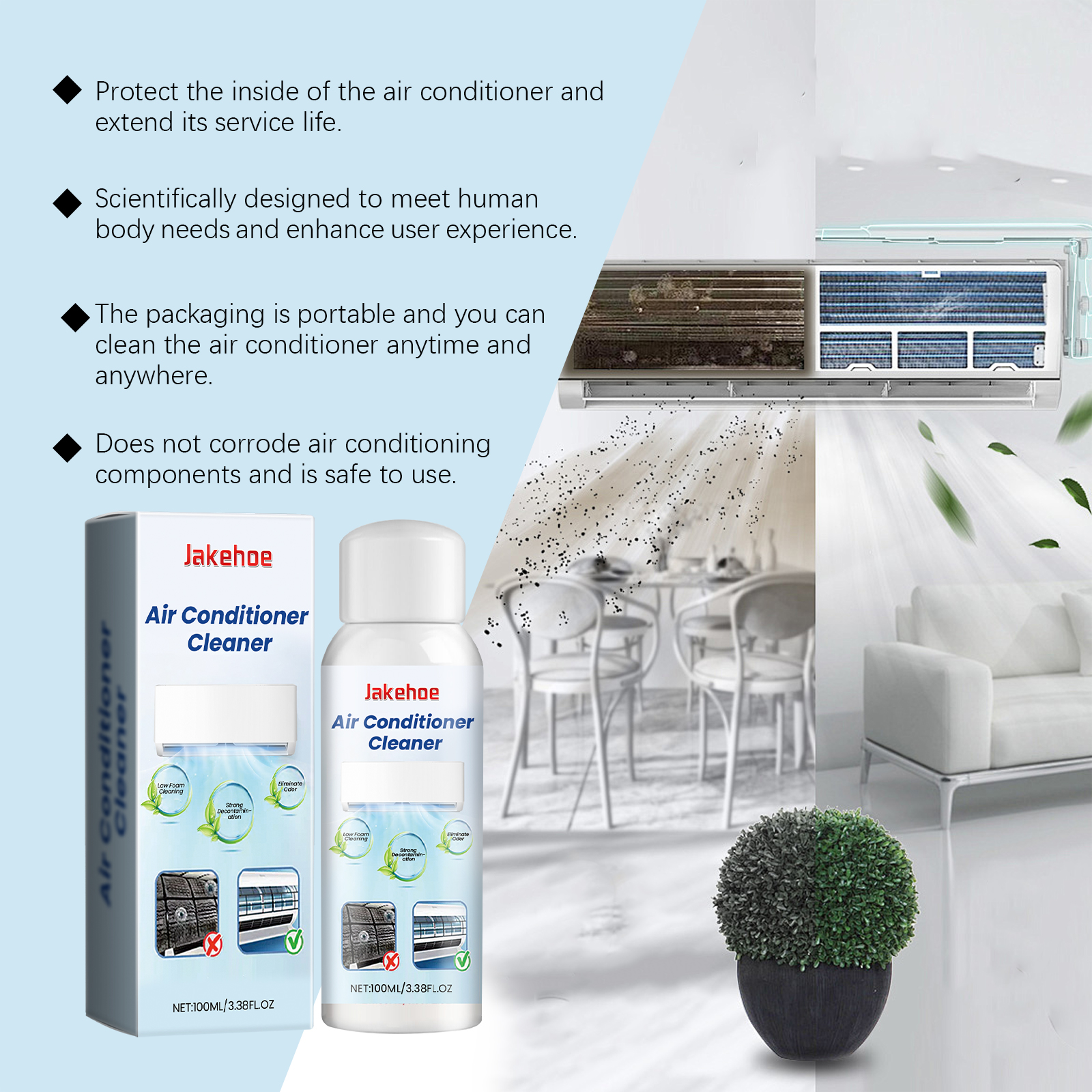 Bottles with callouts: protection of AC components, scientific formula, portable, safe non-corrosive