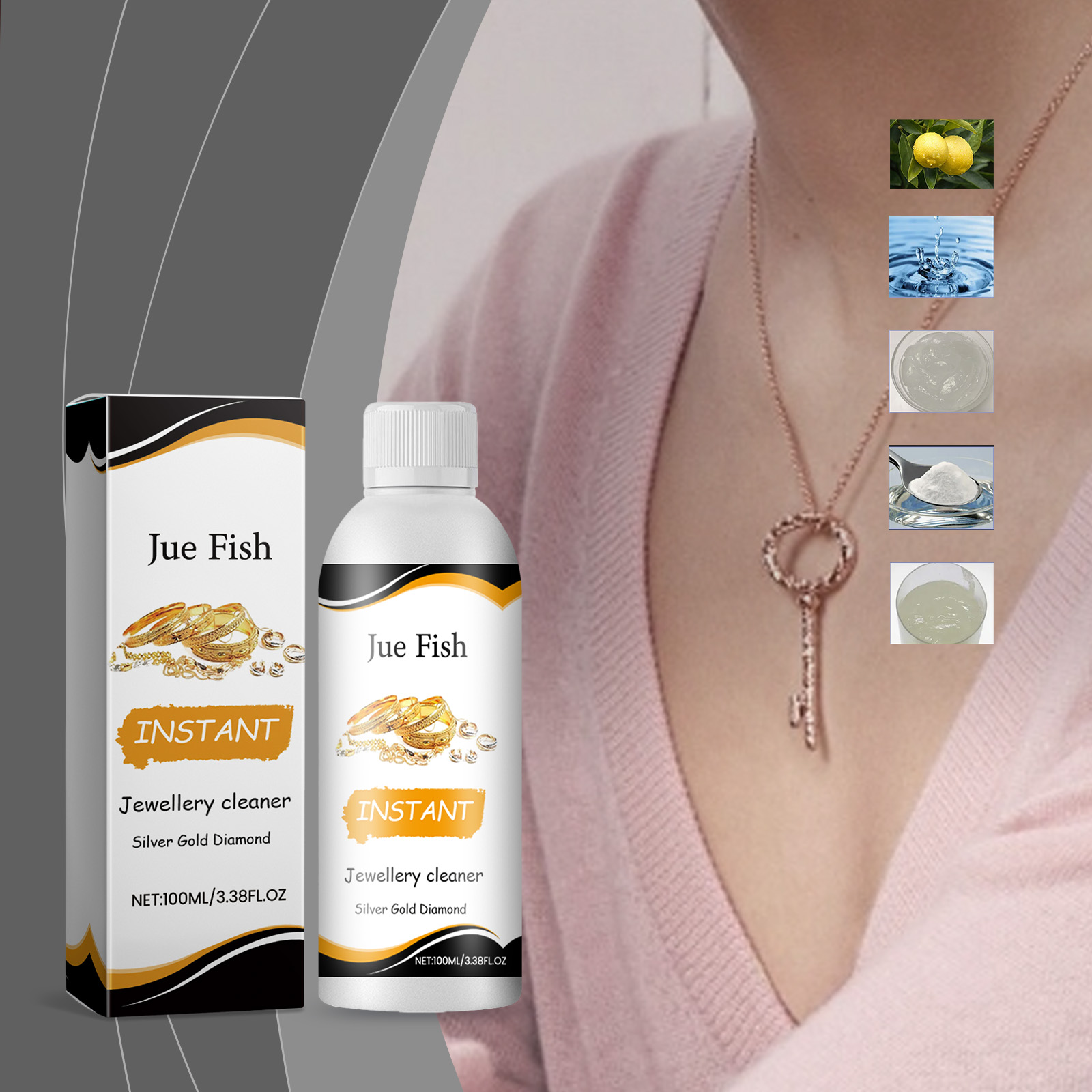 Woman wearing rose-gold jewelry, holding product bottle near clean earrings and ring