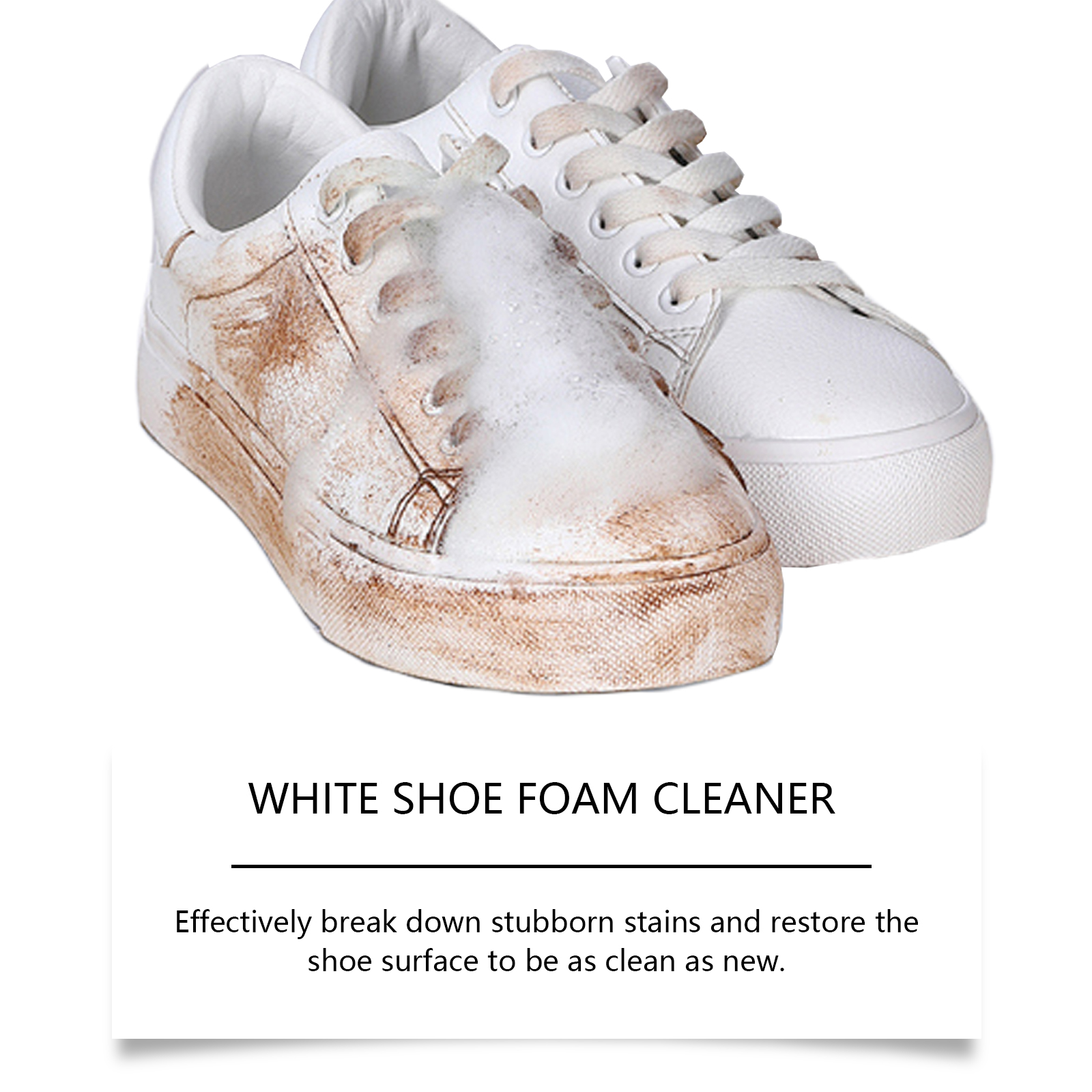 Before-and-after split: heavily soiled sneaker transformed to spotless clean by foam