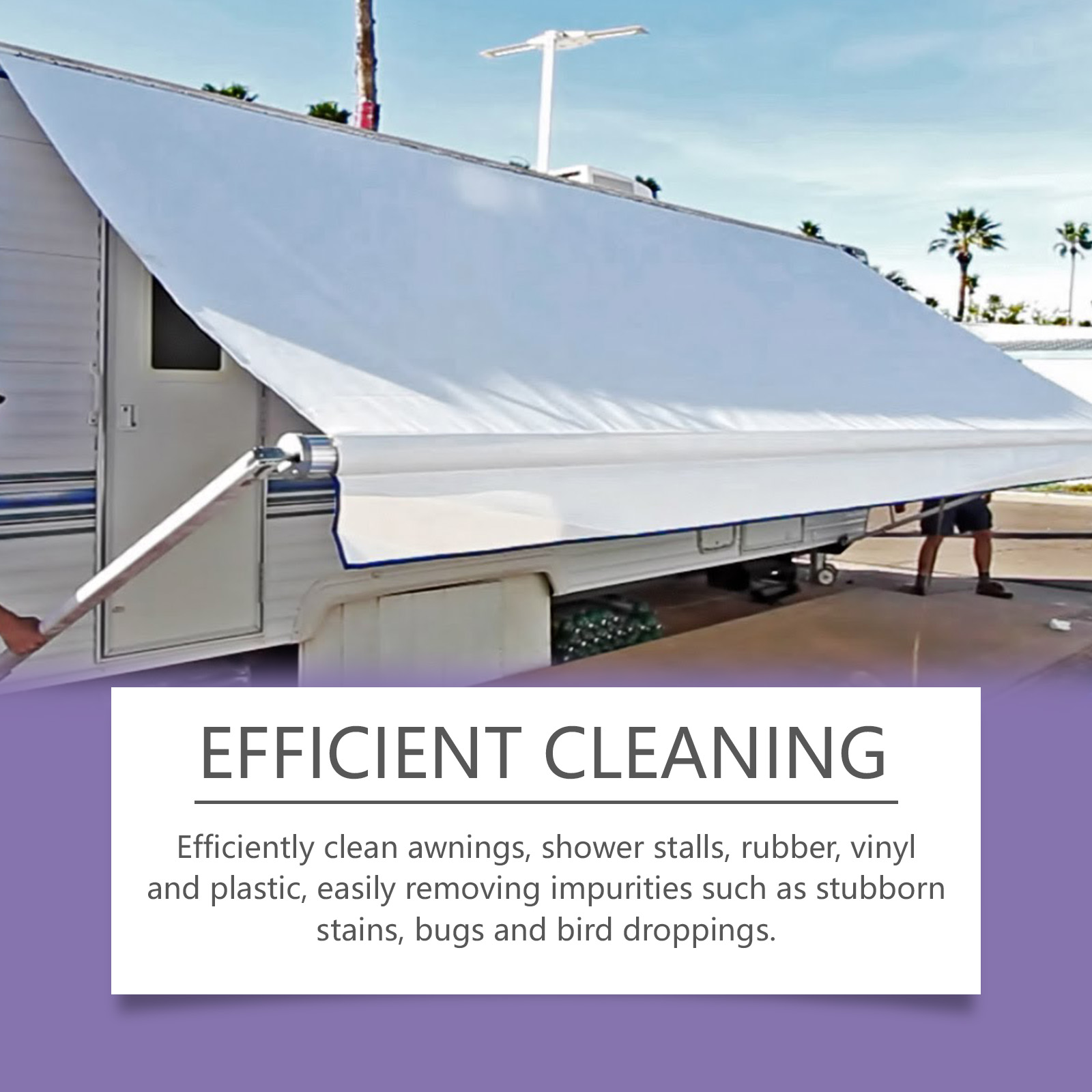 Person cleaning deployed RV awning outdoors