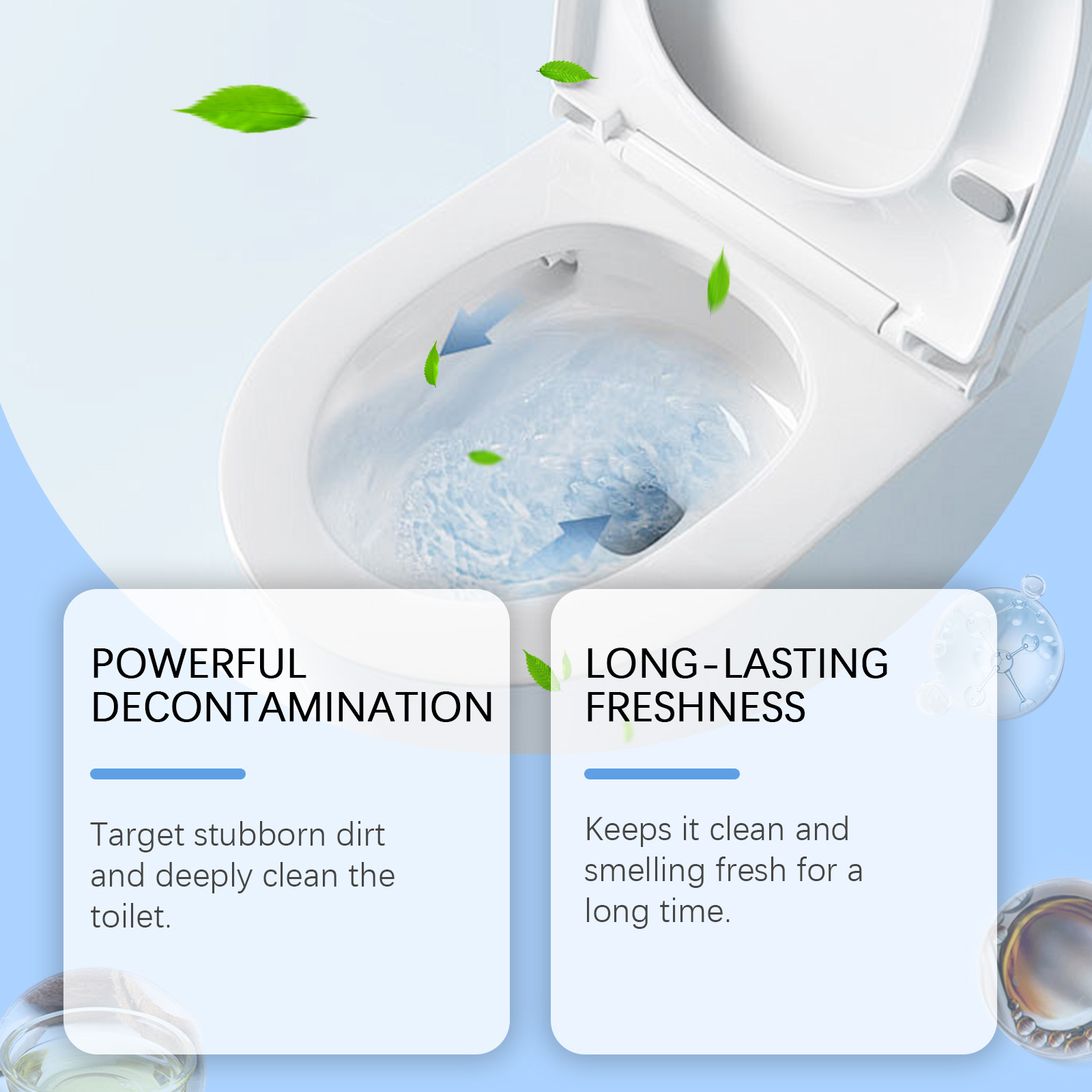 Sparkling clean toilet bowl with blue cleaning action and freshness icons