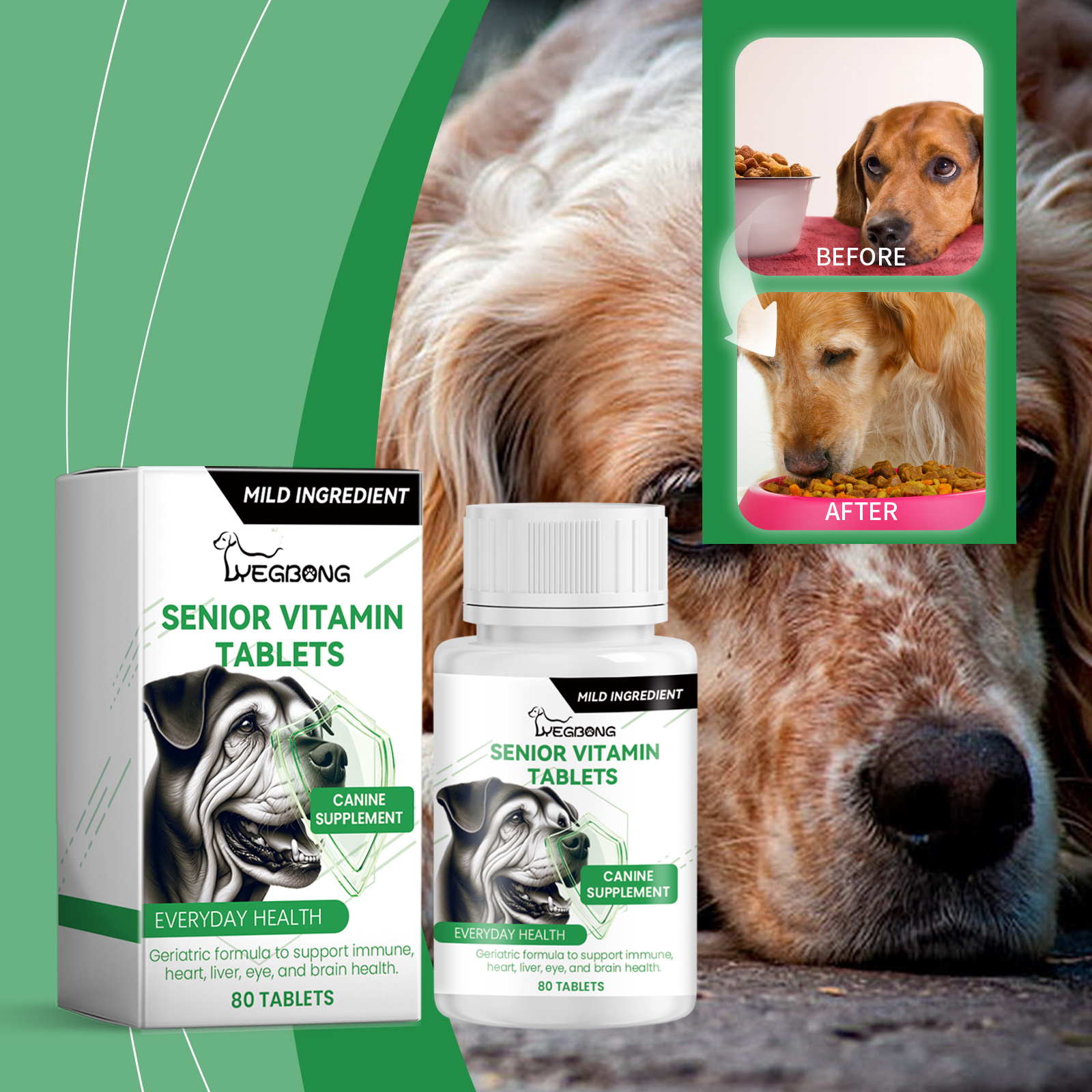 Senior dog supplement bottle beside black dog