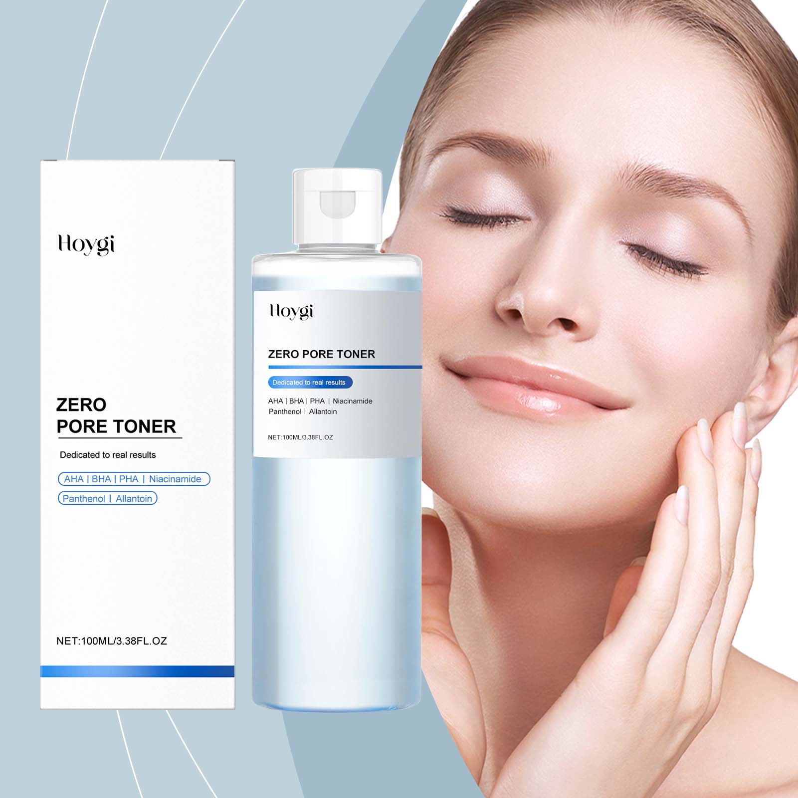 Hoygi toner beside woman with soft skin