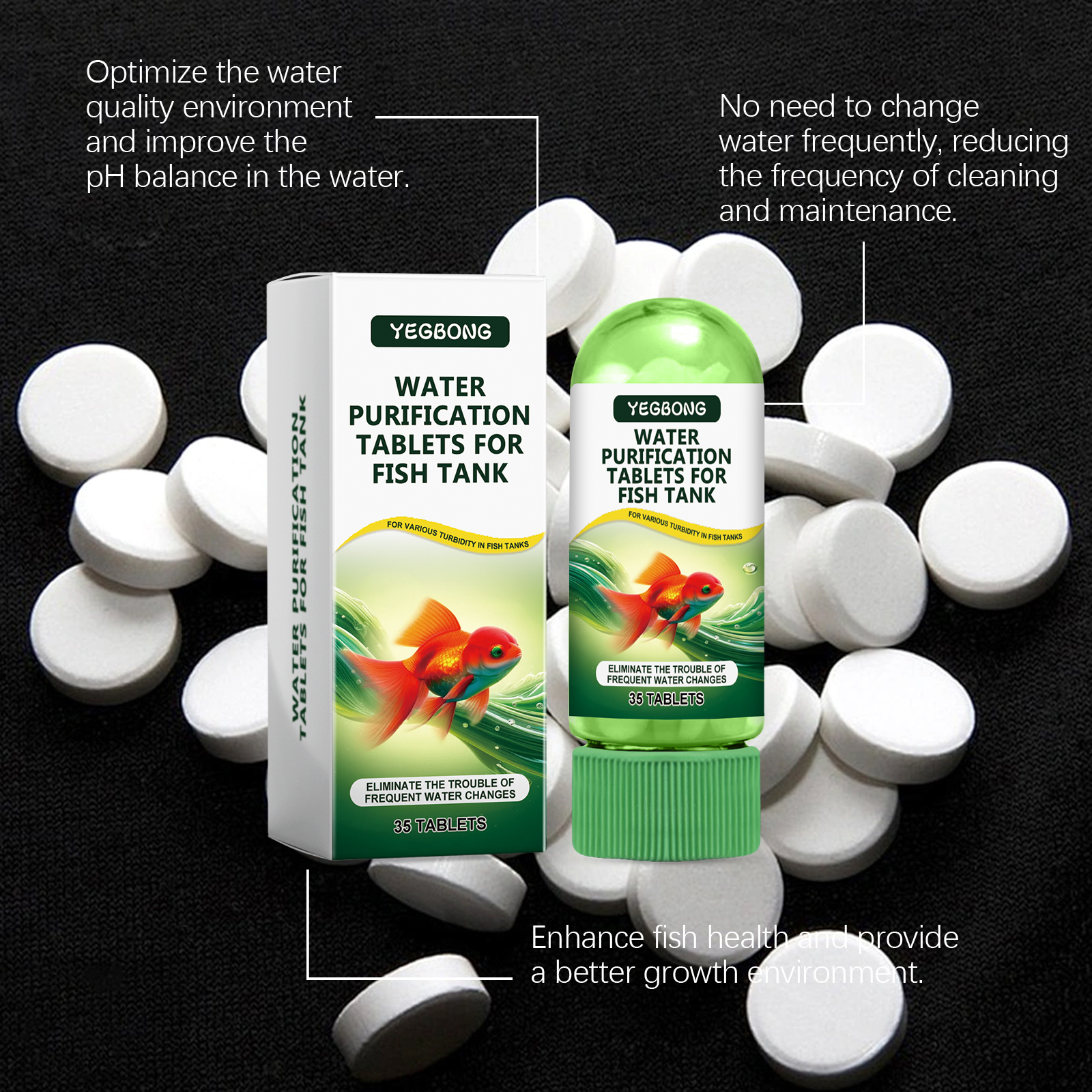 Purification tablets arranged around aquarium treatment bottle